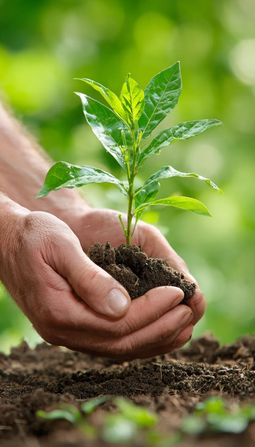 Close-up of hands planting a young green sapling in soil for sustainable environment projects.