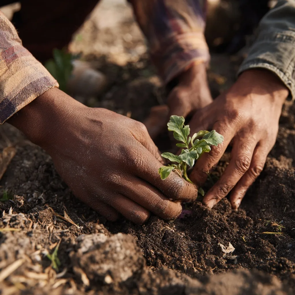 Diverse hands planting a young sapling in soil, representing environmental conservation and sustainability.