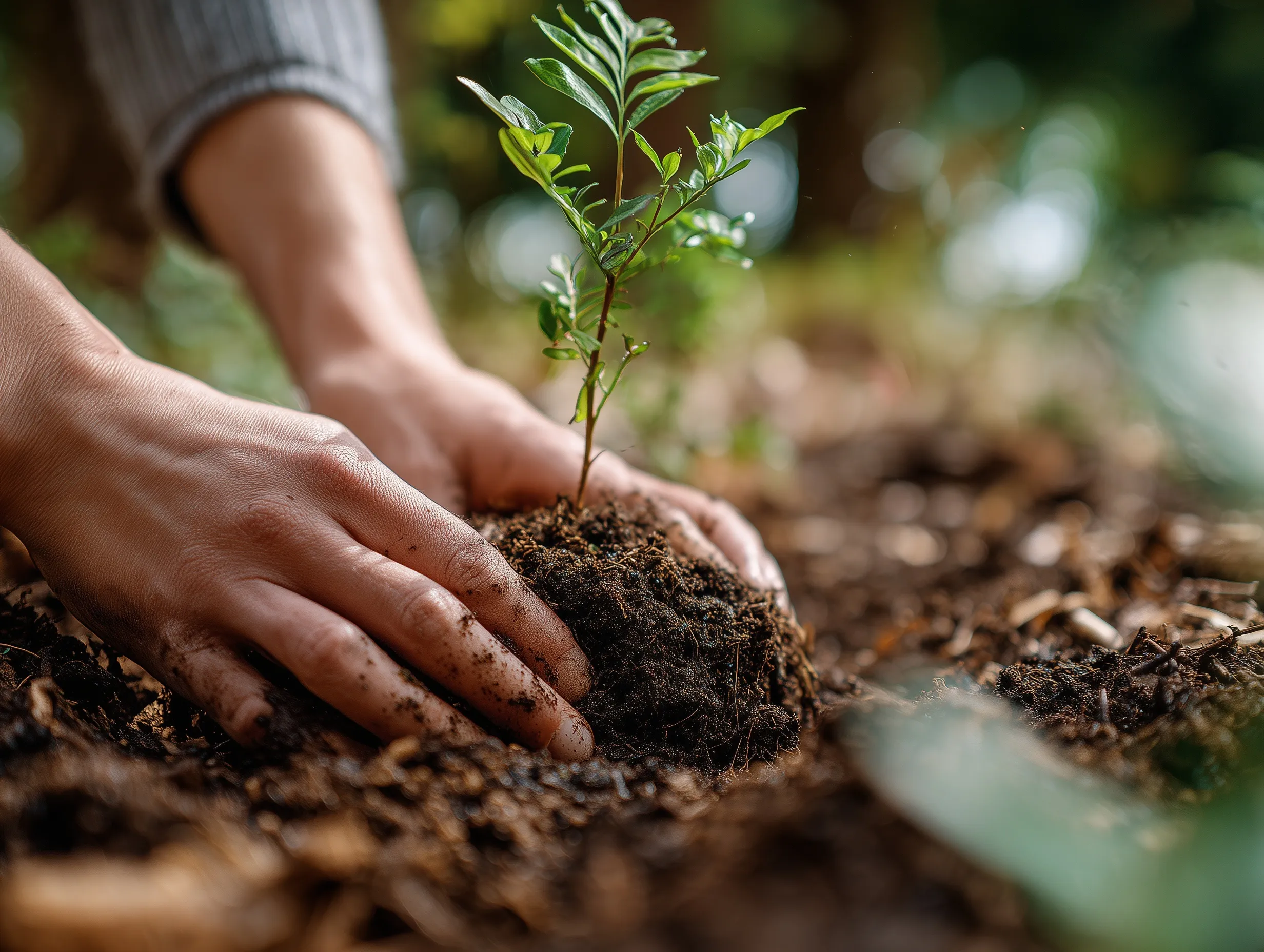 Close-up of human hands planting a small green sapling in soil with a soft bokeh background.