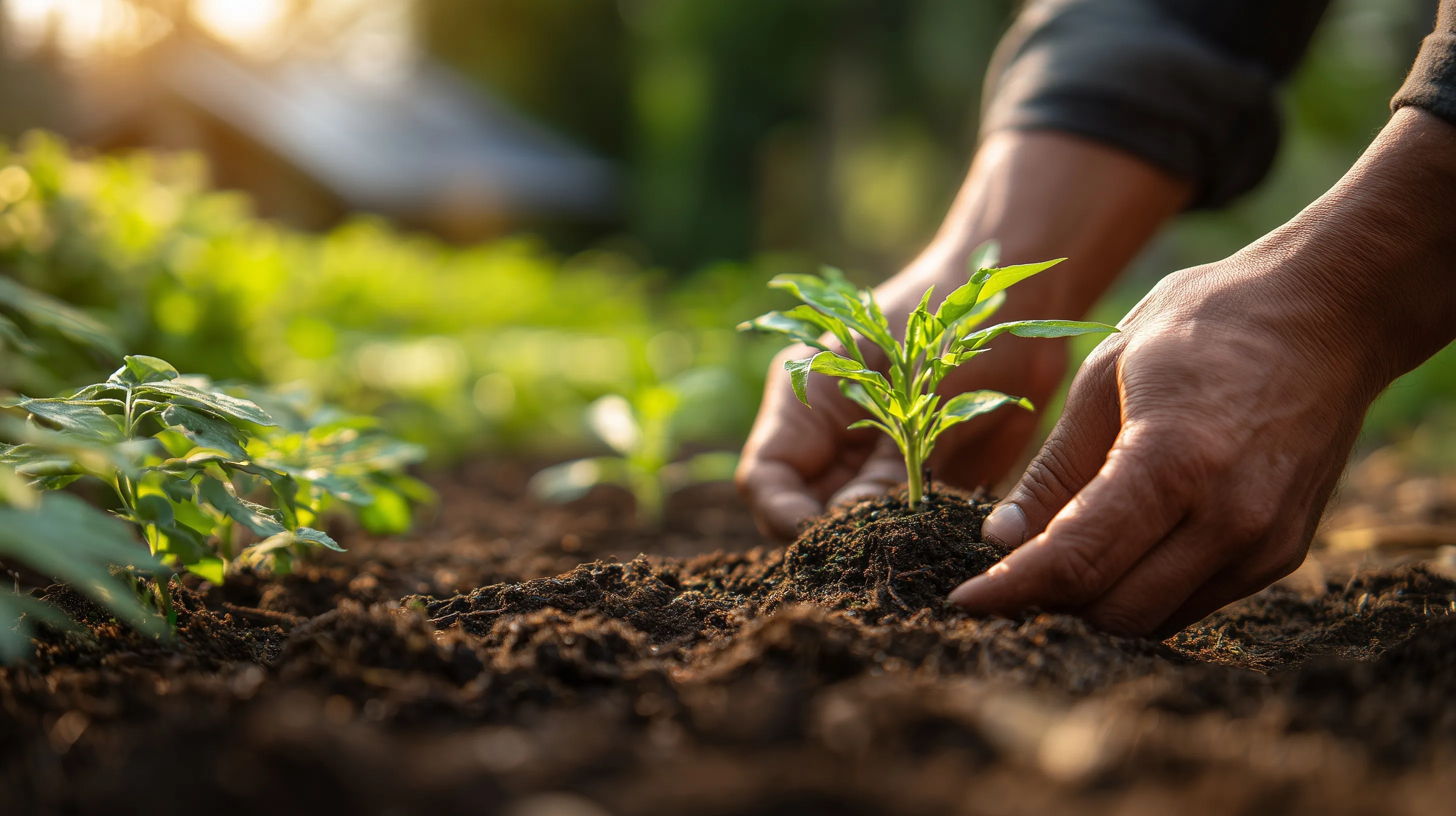 Close-up of hands planting a green sapling in rich soil with solar panels and a lush garden in the background.