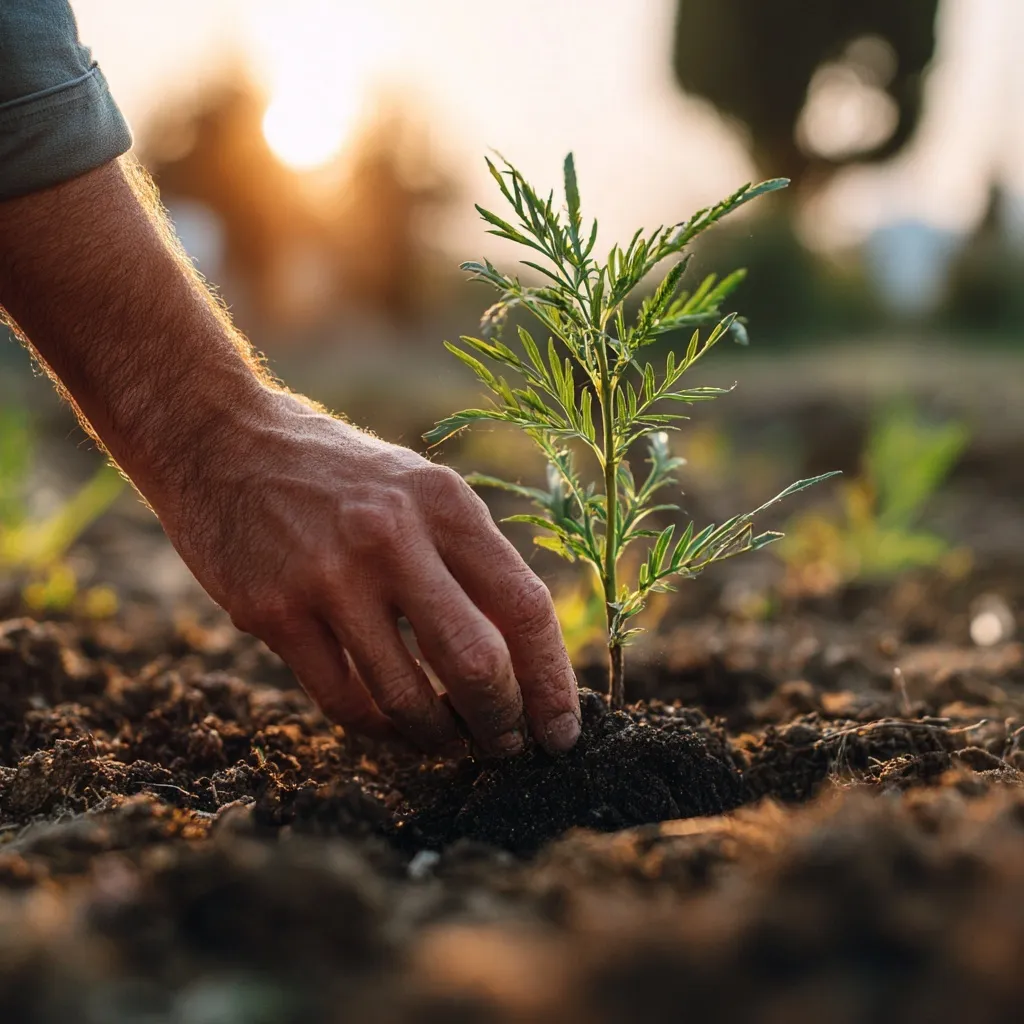A person planting a young sapling in fertile soil against a warm, sunny Ukrainian landscape.