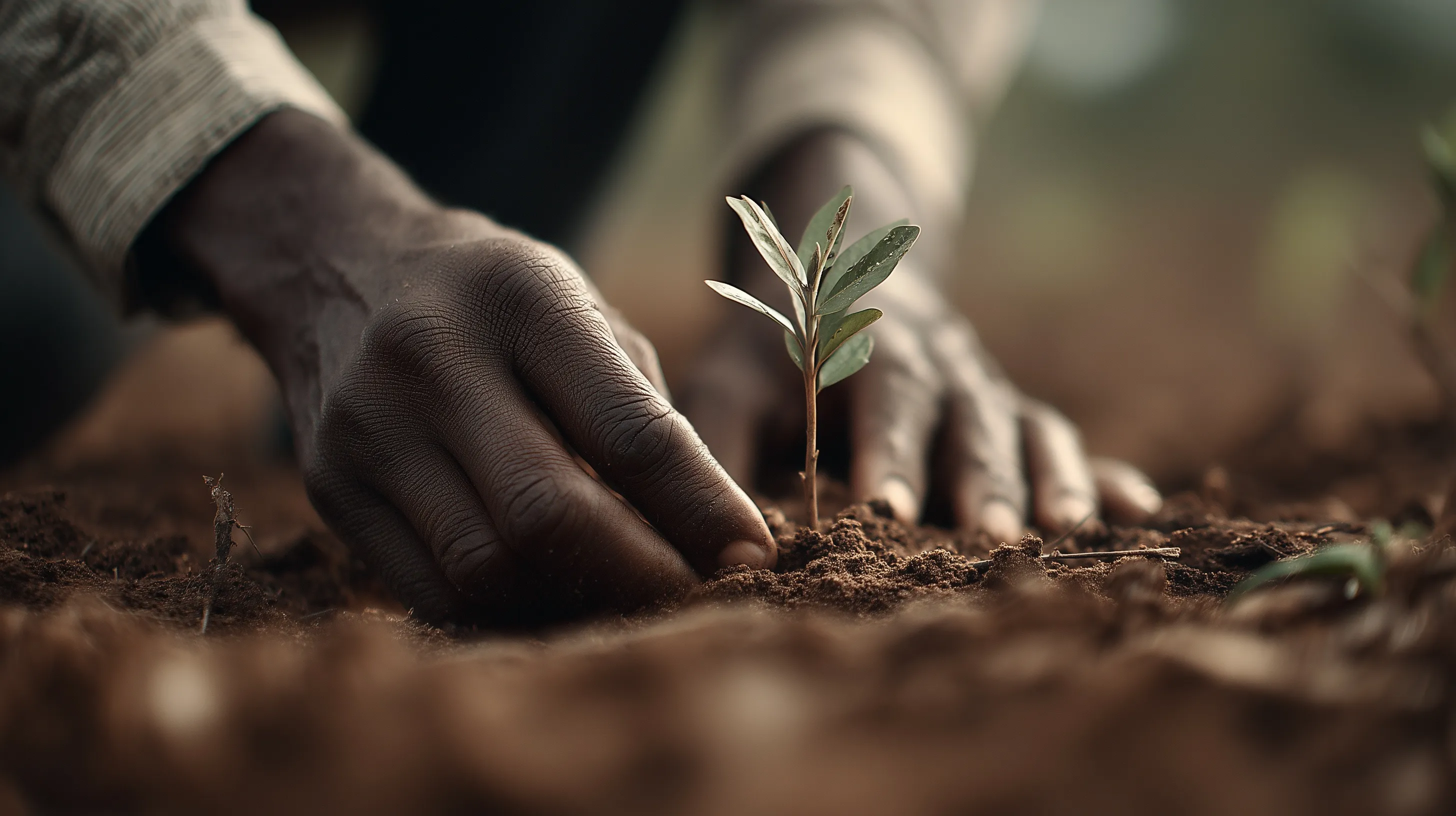 A forestry expert planting a young Iroko sapling in African soil, focusing on hands in a cinematic, natural setting.