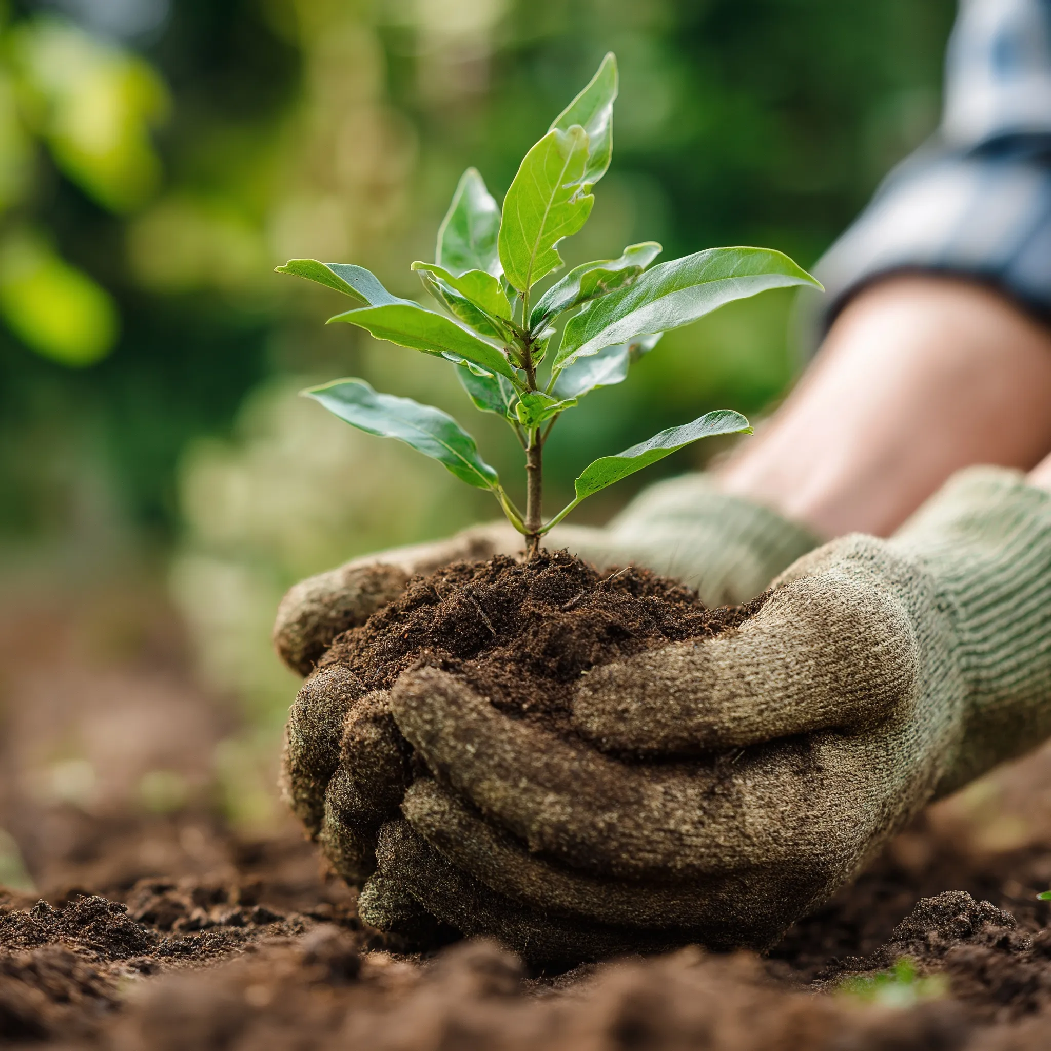 Close-up of human hands carefully lifting a small green tree sapling for landscaping and reforestation projects.