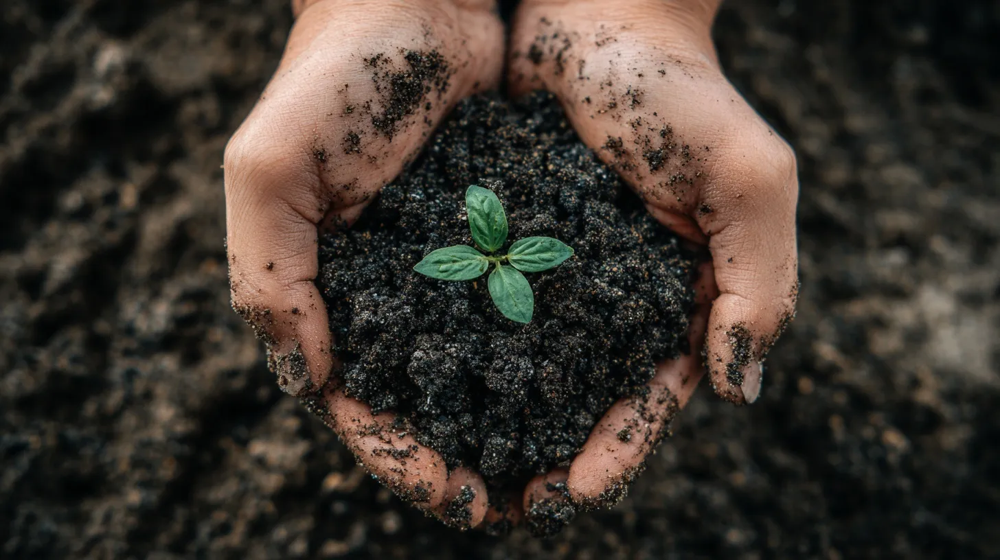 Human hands cupping moist soil with a small green sapling, symbolizing environmental sustainability and new life.