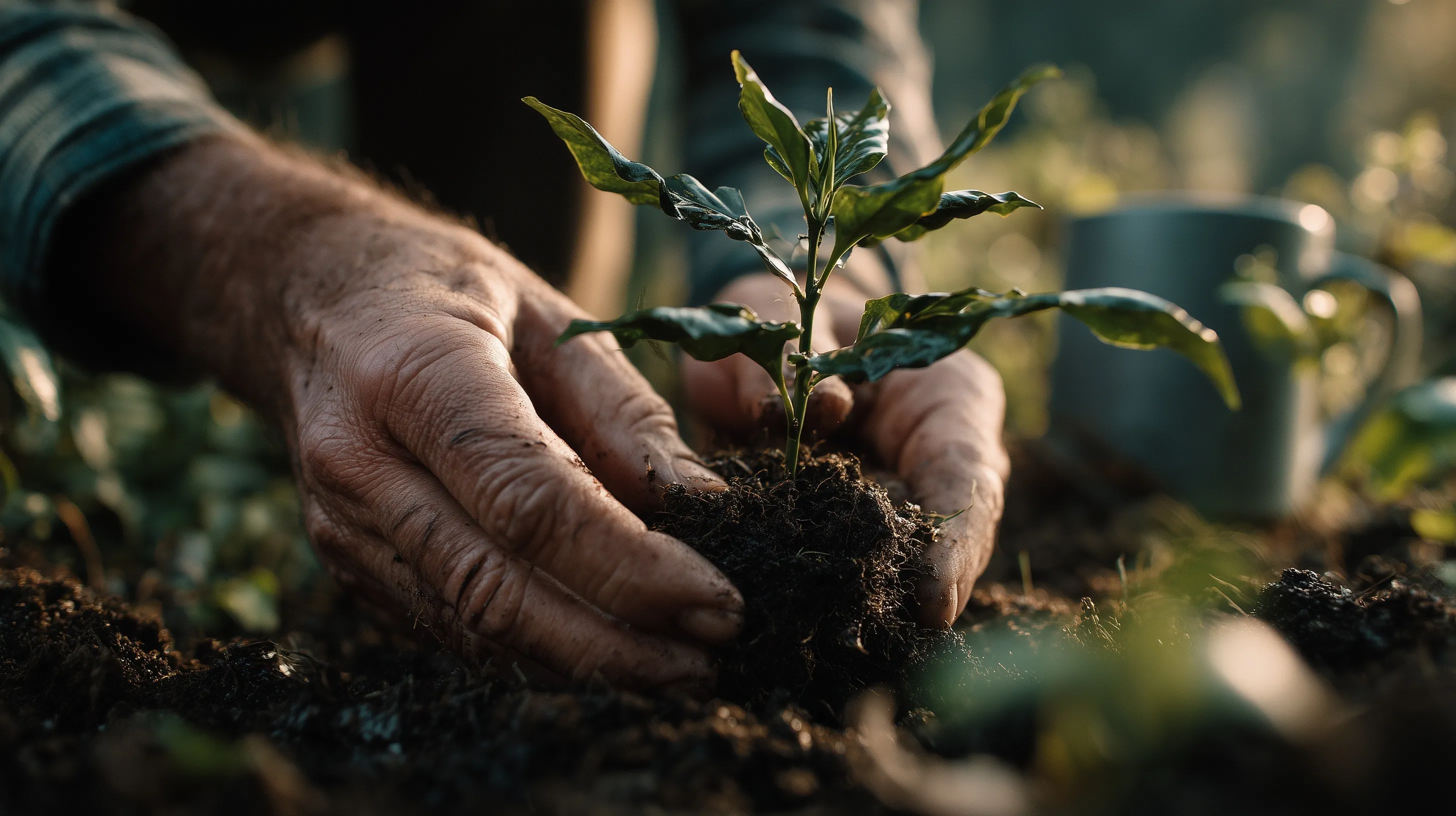 Close-up of hands adding coffee grounds as organic fertilizer to a small green sapling in moist soil.