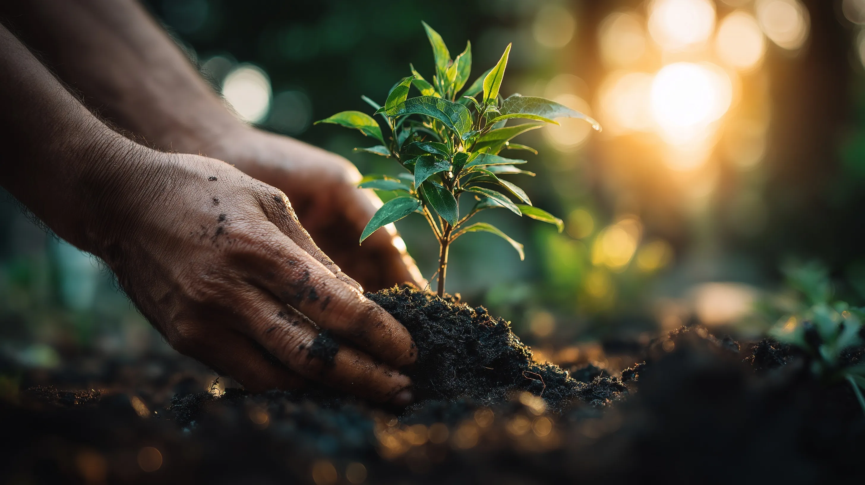 Dirty hands planting a small green sapling in rich soil, featuring vivid leaves and bokeh forest background.