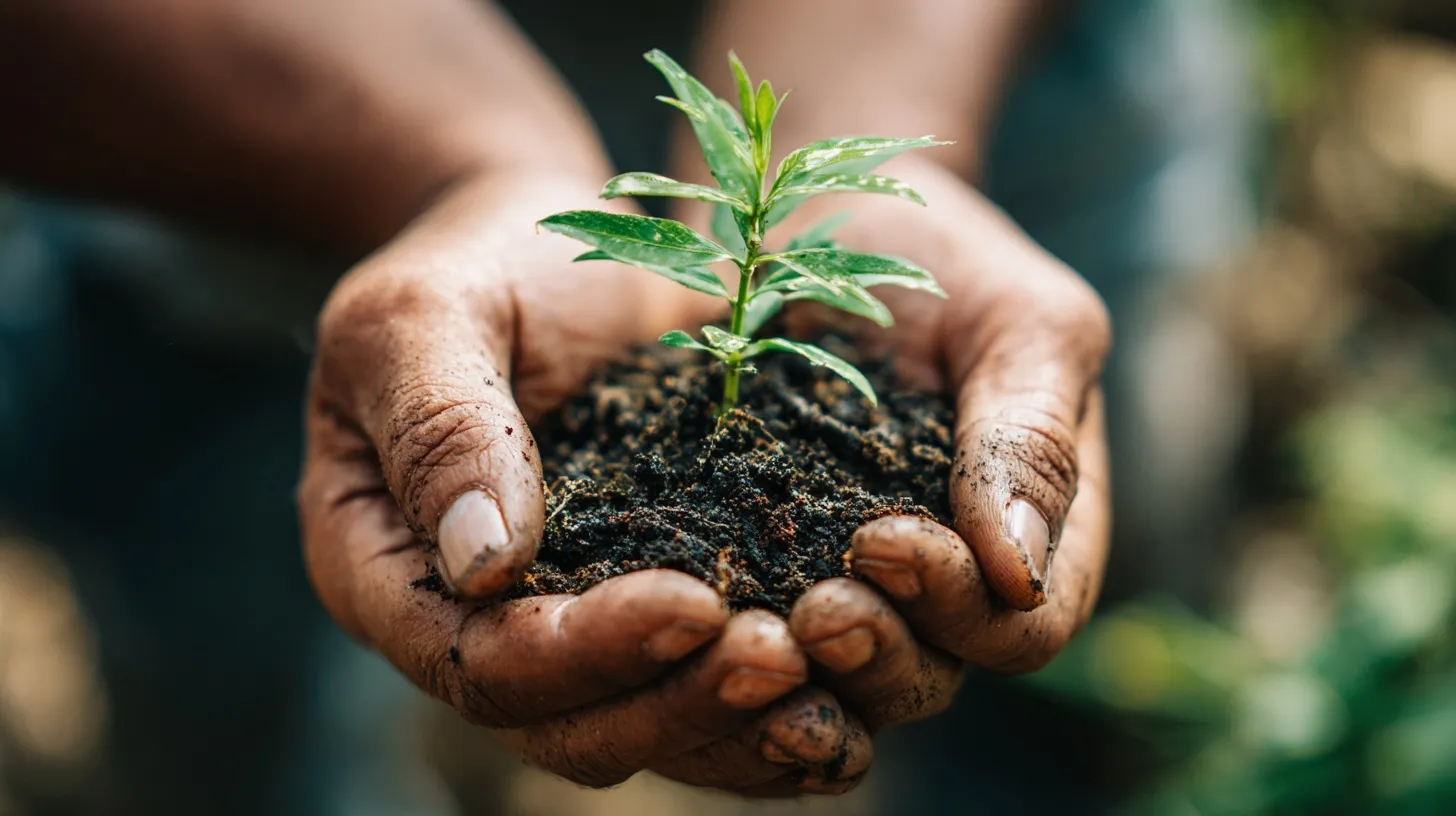 Diverse hands holding a young green sapling in soil, symbolizing growth and environmental sustainability.