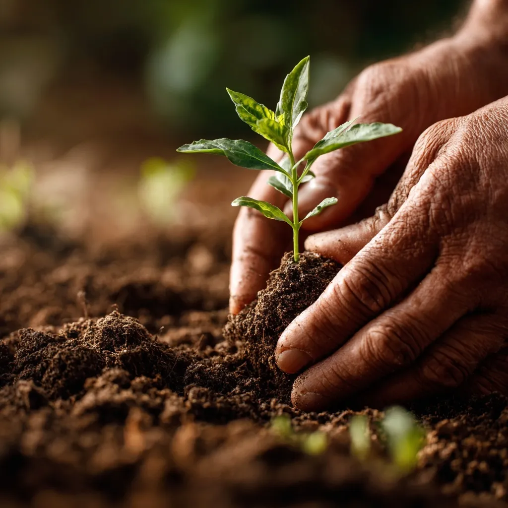 Close-up of hands planting a young green seedling in rich soil to represent gardening and environmental growth.