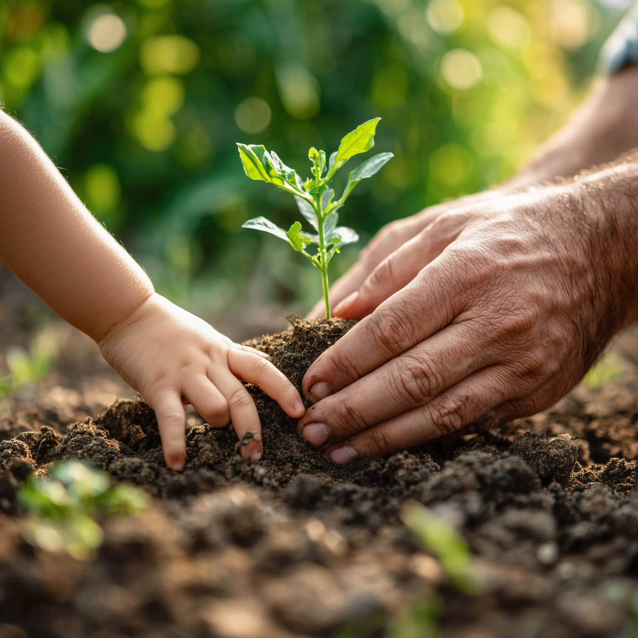 An adult and child planting a green sapling in soil, representing nature conservation and environmental care.