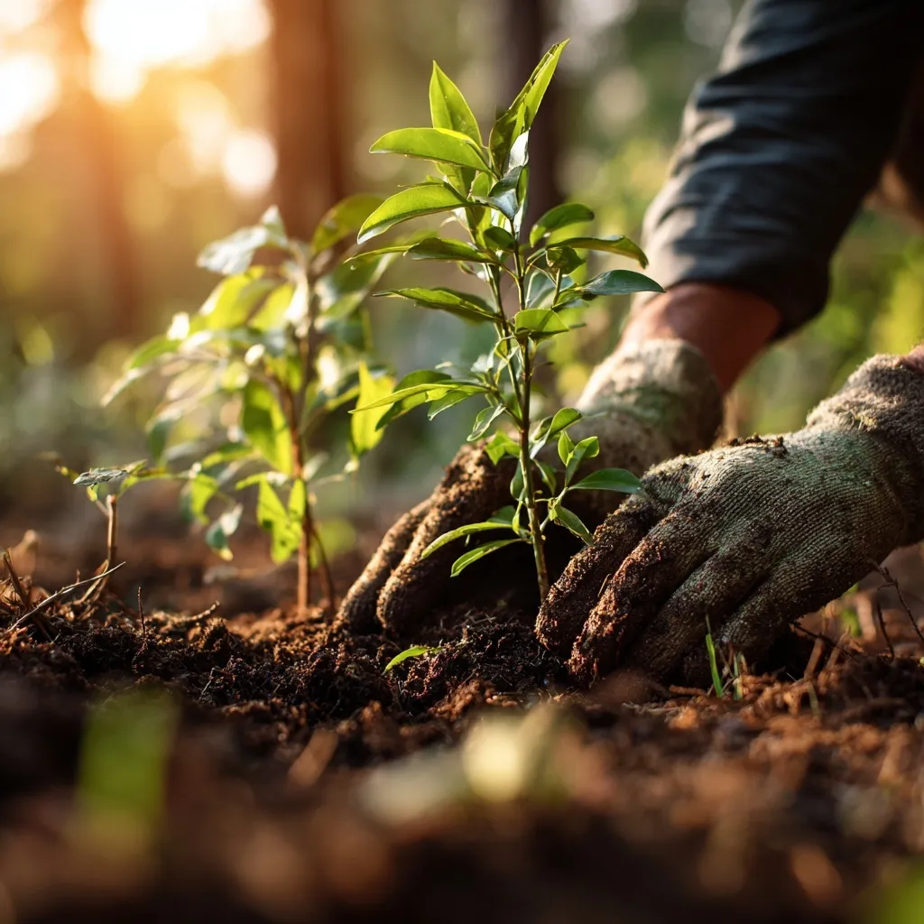 Human hands planting a young green sapling in soil, symbolizing reforestation and a sustainable future.