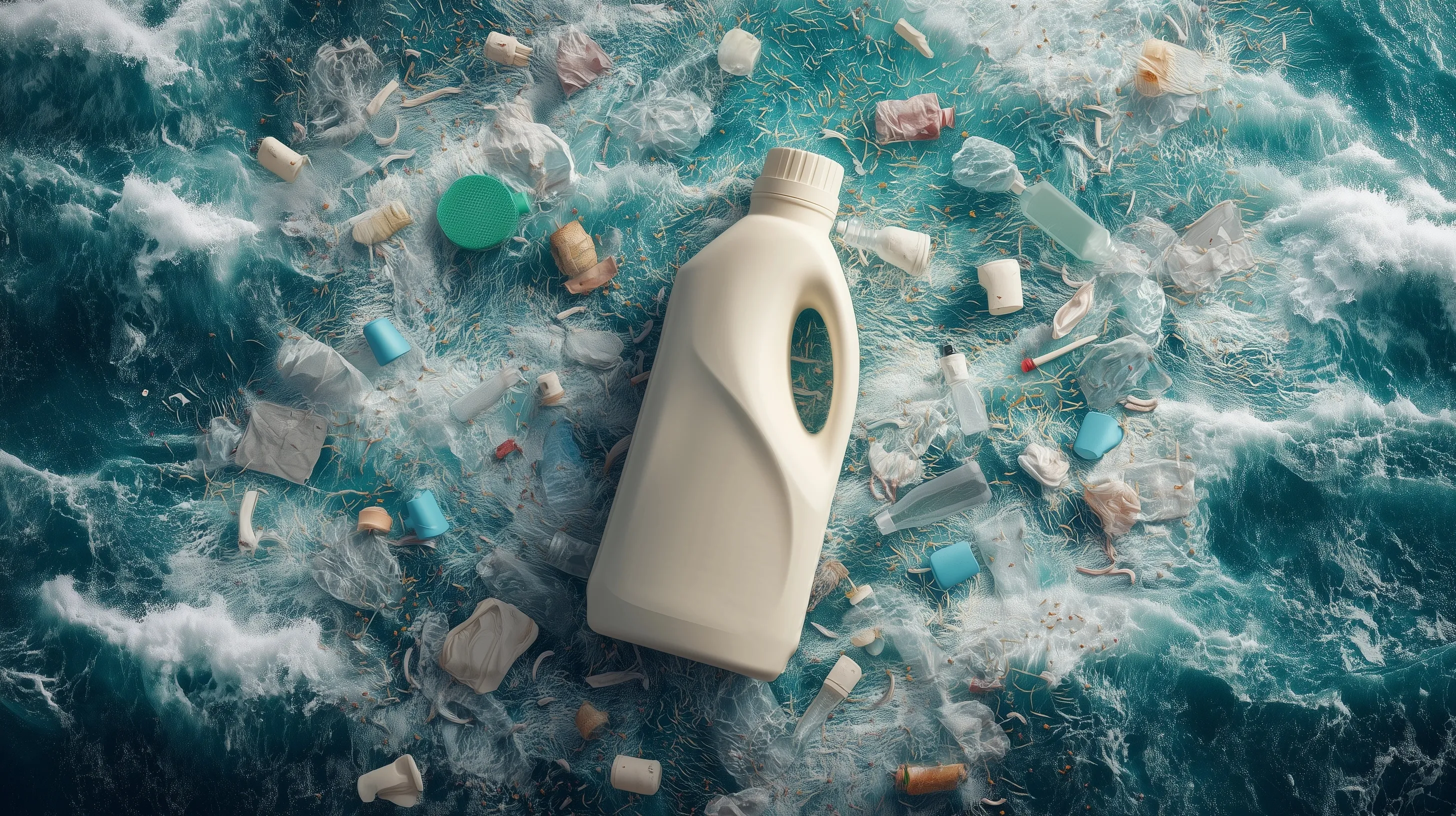 A plastic detergent bottle surrounded by ocean plastic waste, conceptual environmental pollution photography.