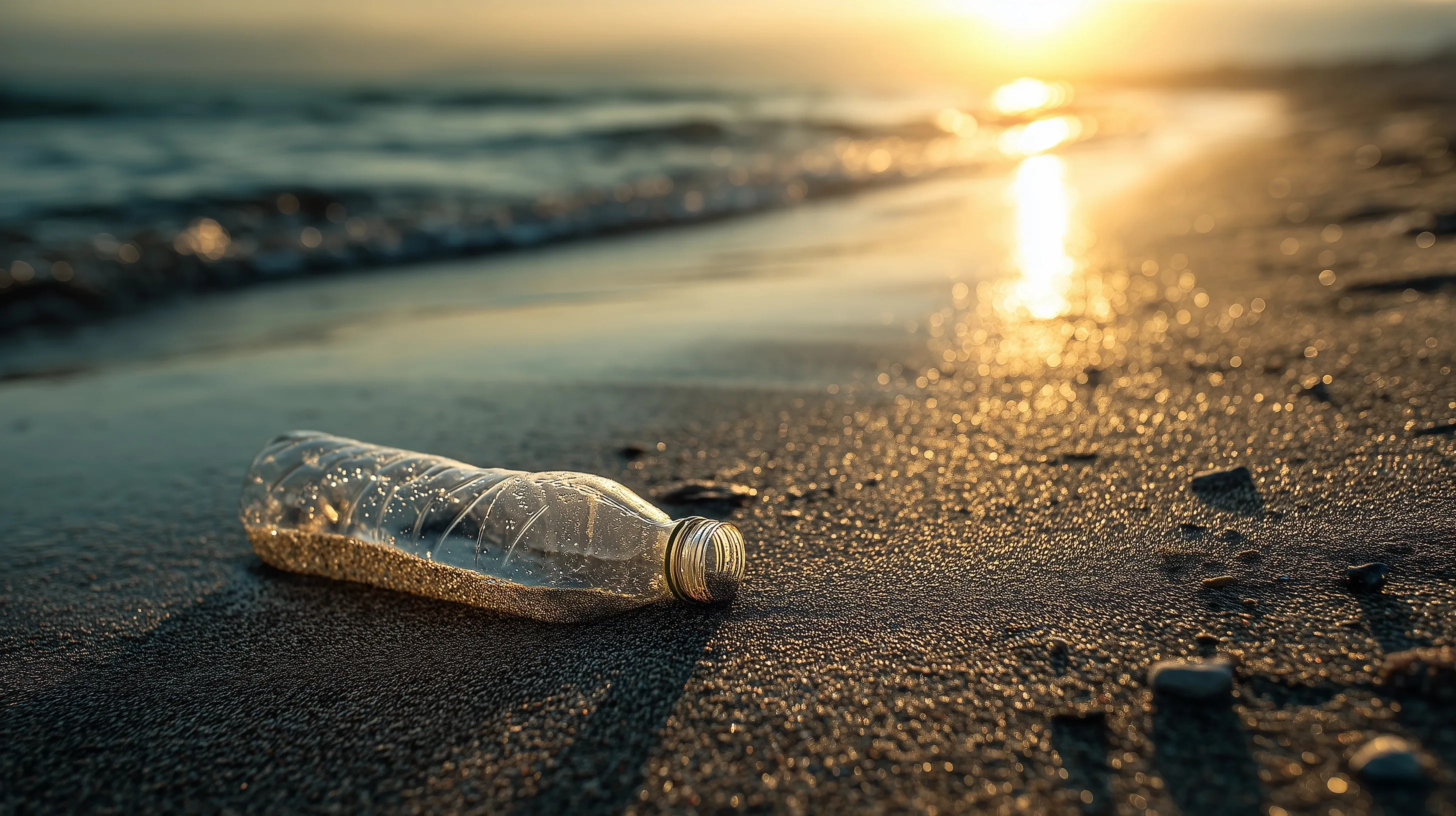 A single plastic bottle abandoned on a pristine sandy beach under dramatic sunlight, symbolizing ocean pollution.