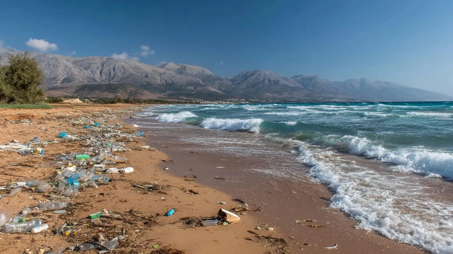 Plastic bottles and waste littering a sunny beach in Crete with mountains and a clear blue sky in the background.