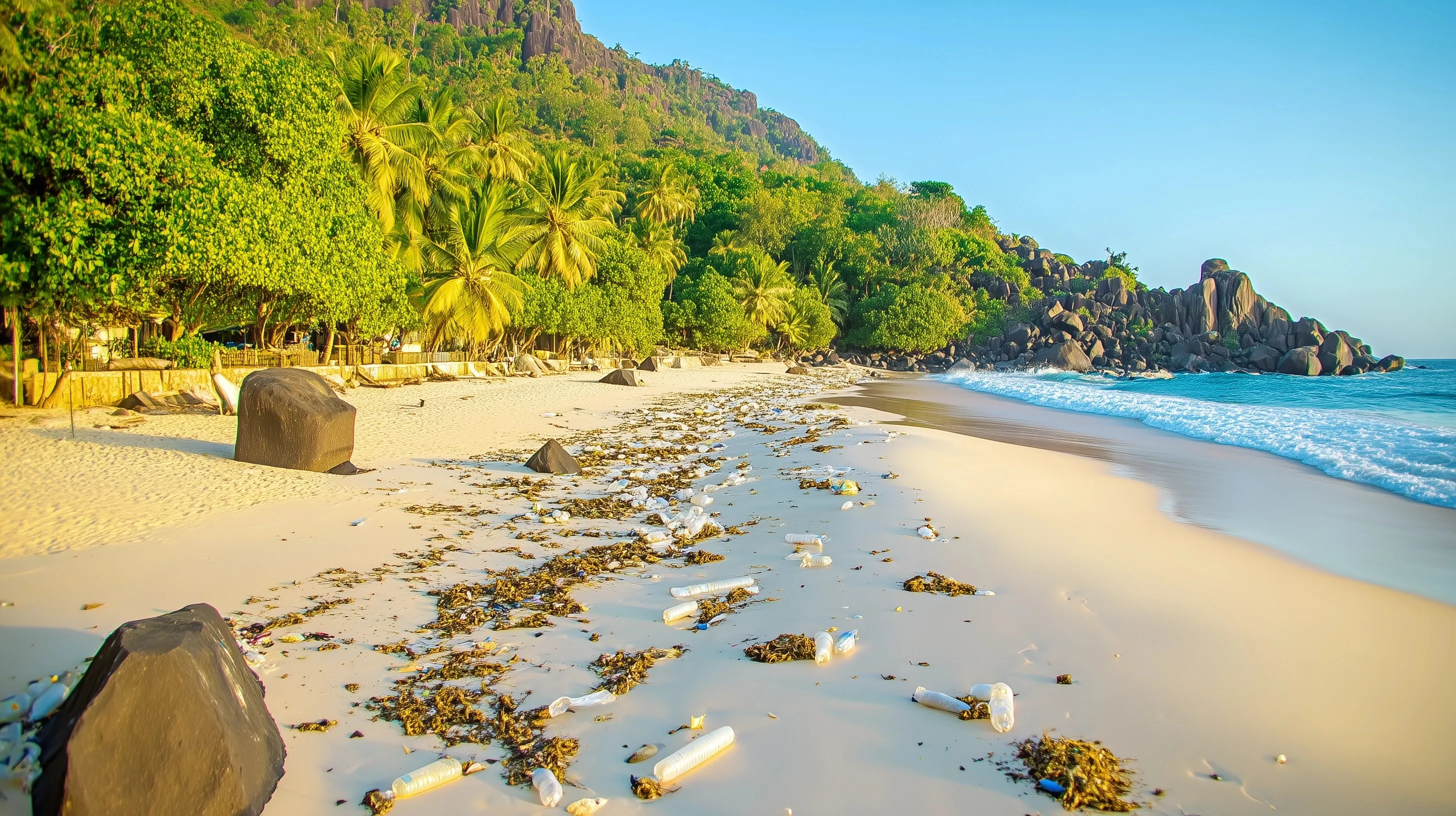 Plastic bottles and garbage polluting a beautiful sandy beach, highlighting environmental plastic waste.