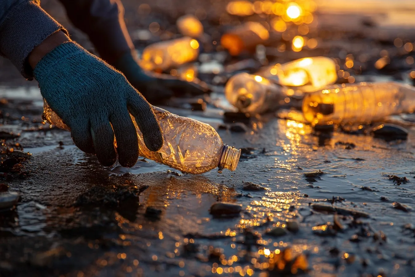 Gloved hands picking up plastic bottles from wet beach sand at sunrise for environmental cleanup.