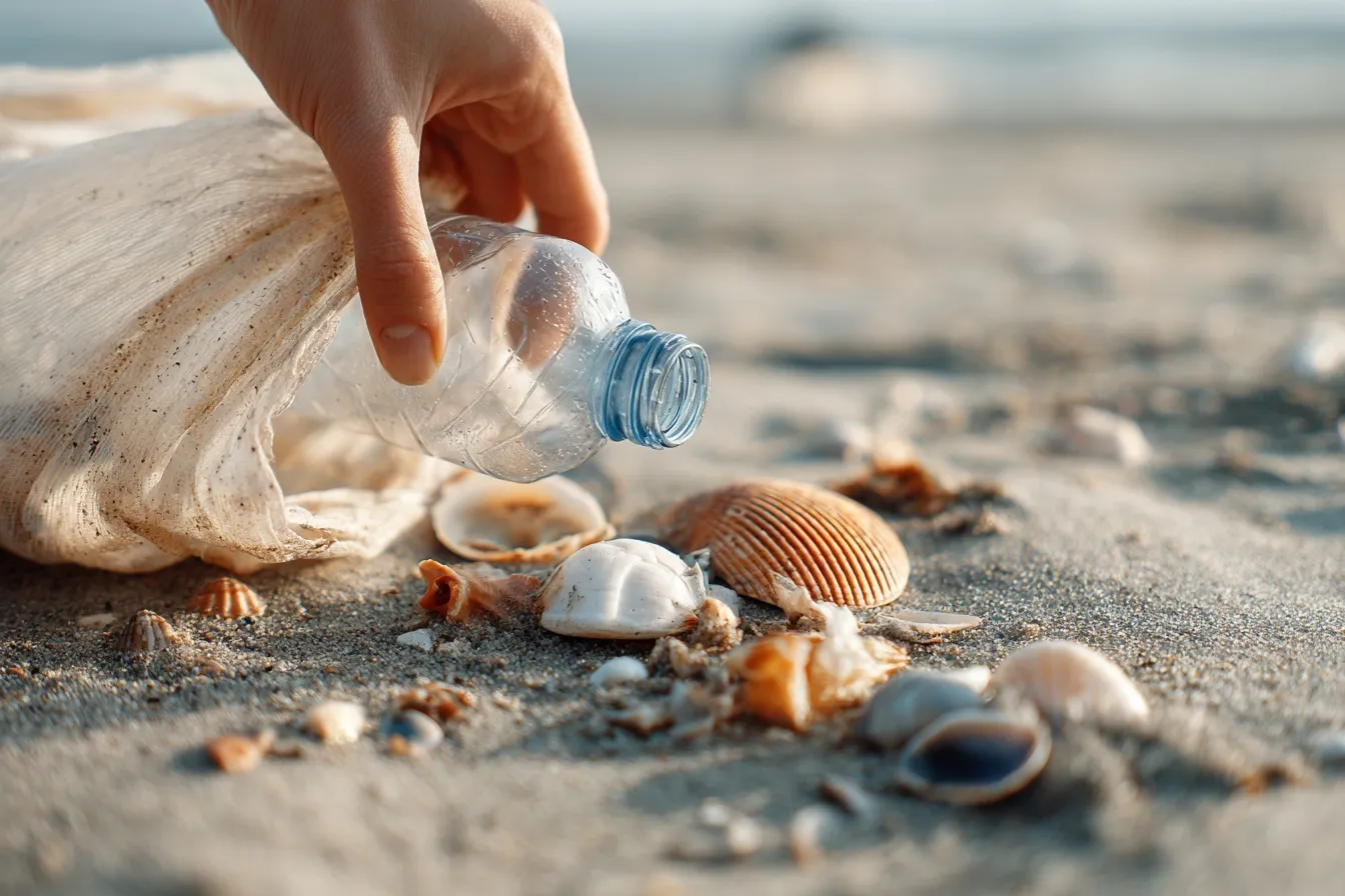 A person collecting a plastic bottle into a recycling bag on a sandy beach with seashells and debris.