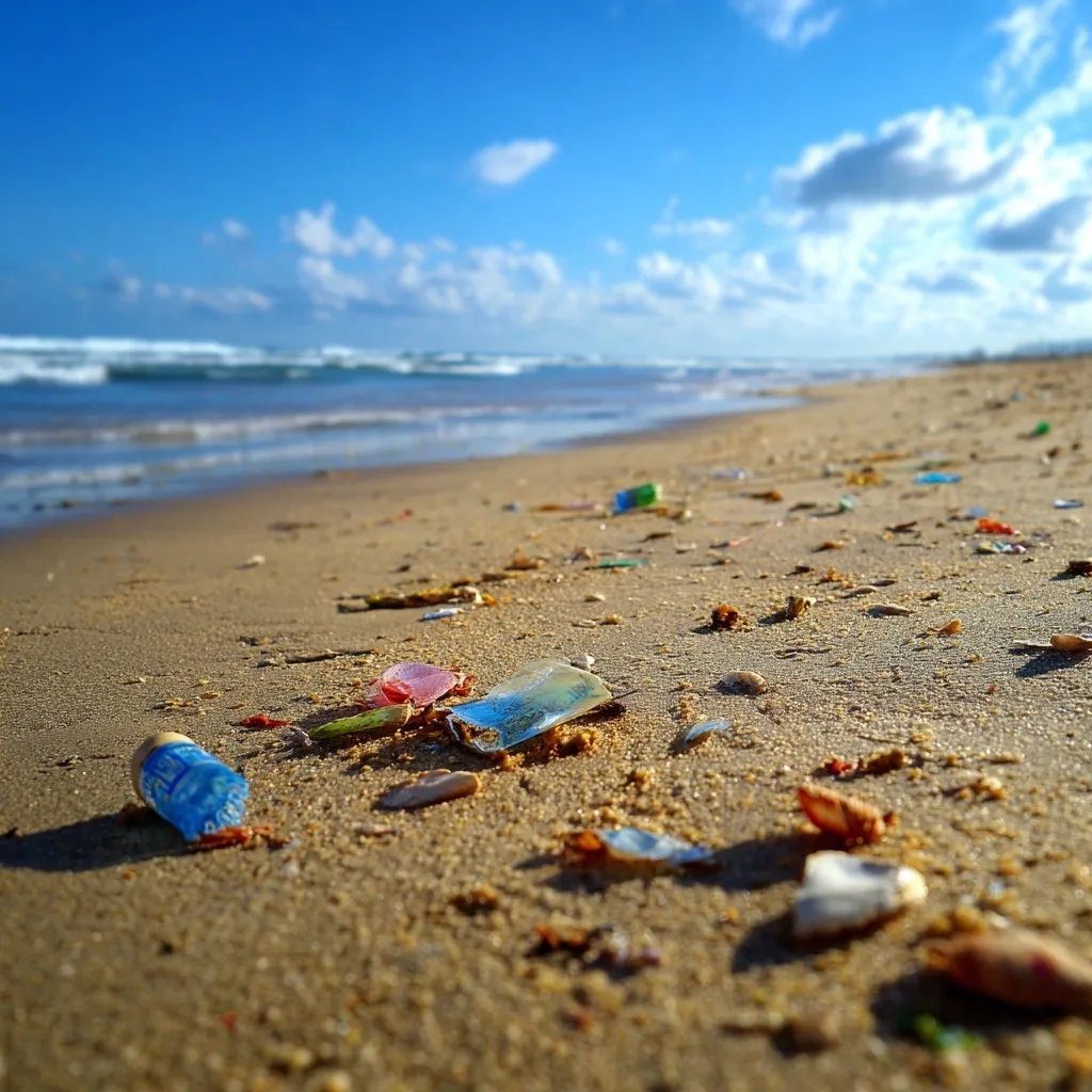 Plastic bottles and litter scattered on a sunny, sandy beach shore.