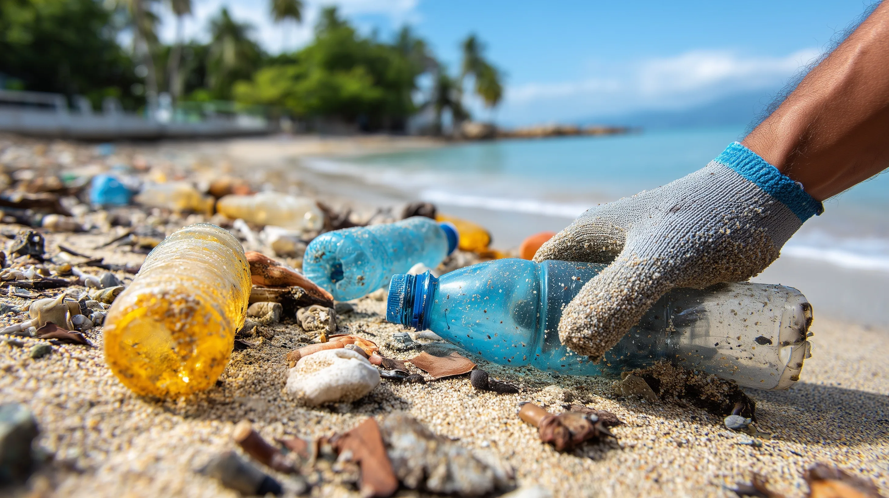 A person wearing gloves picking up discarded plastic bottles from a tropical beach to reduce ocean pollution.