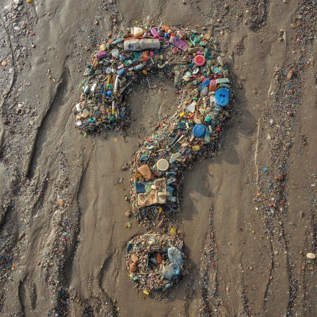 A question mark symbol formed by plastic bottle waste lying on sandy beach, captured from an overhead perspective.