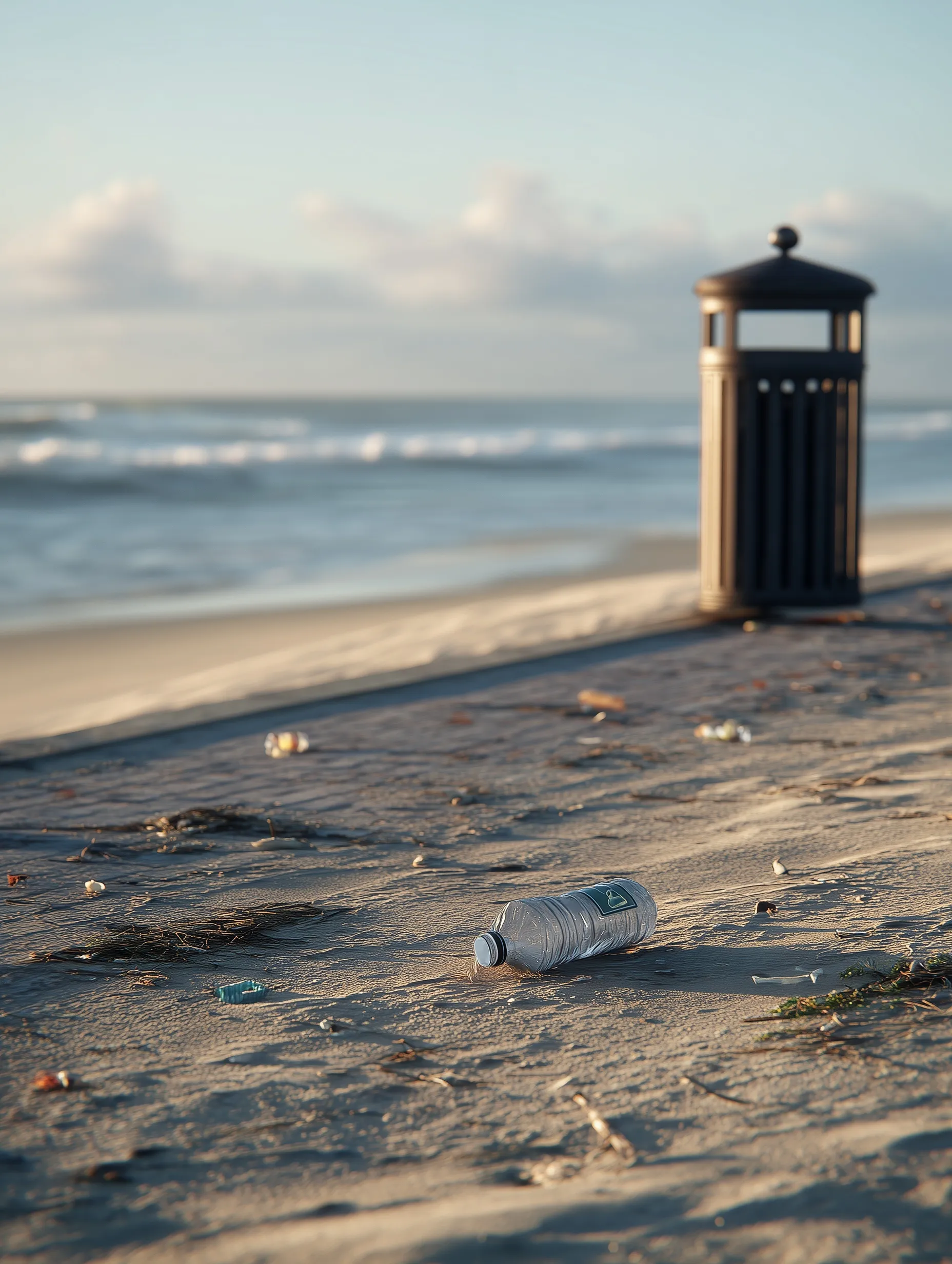 A plastic bottle discarded on a sandy beach next to a public trash bin with ocean waves in the background.