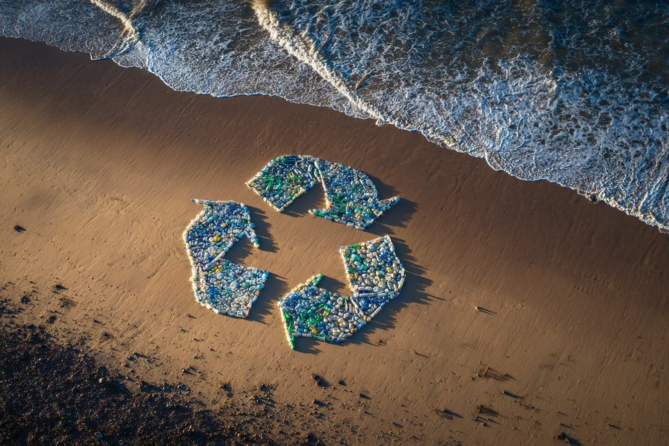 Aerial view of a recycling symbol made from discarded plastic bottles on a sandy beach.