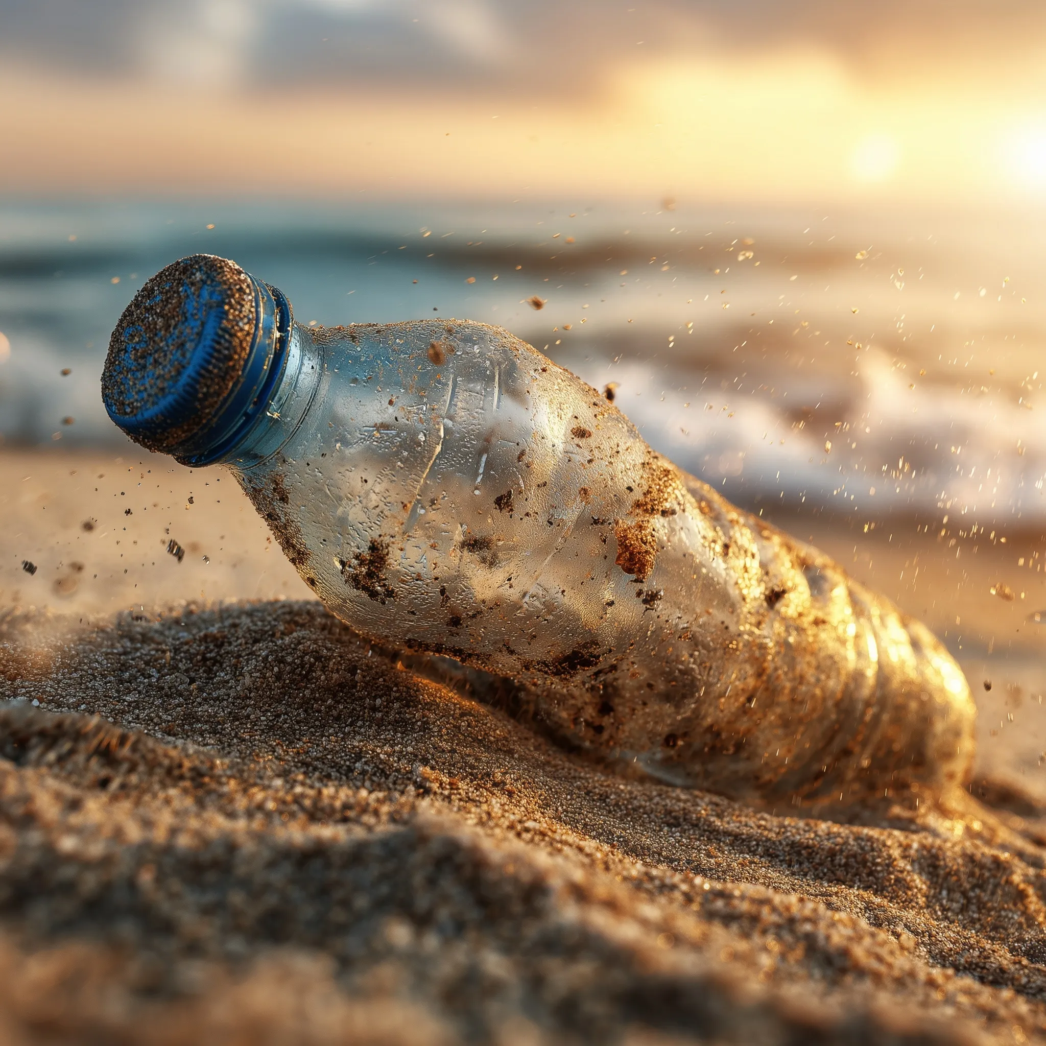 A dirty, crushed plastic water bottle discarded on a sandy beach at sunset with a blurred ocean background.