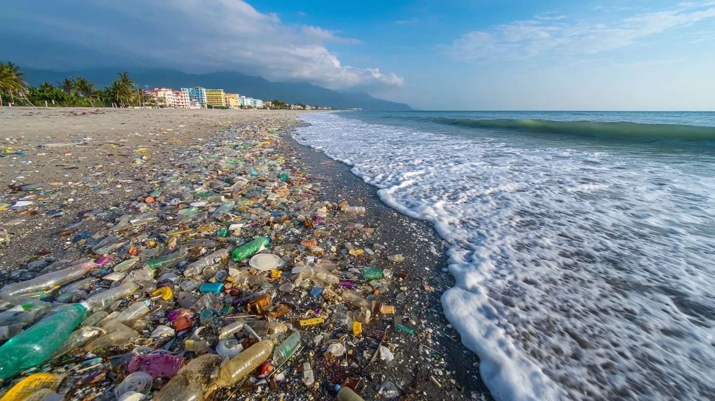 Plastic bottles and waste scattered on a sandy ocean beach, highlighting the environmental crisis of plastic pollution.