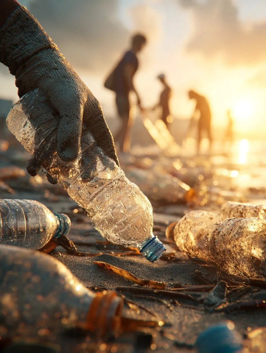 A gloved hand picking up plastic water bottles from a sandy beach during golden hour with volunteers in background.