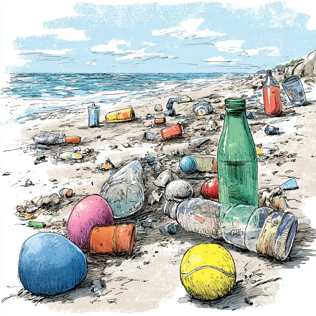 A grayscale cartoon sketch of plastic bottles and beach litter on a white background.