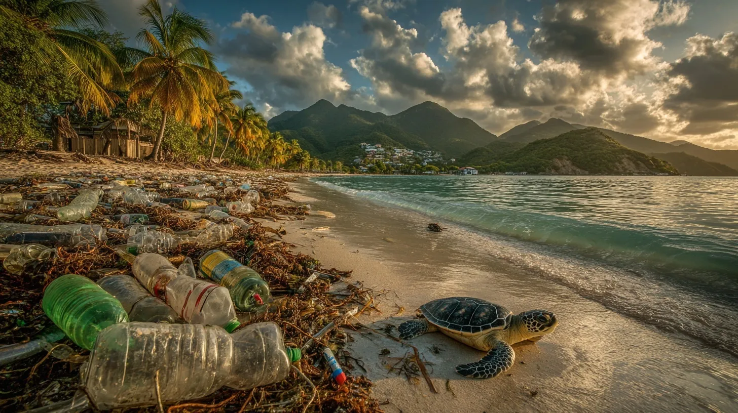 Plastic bottles, trash, and wildlife on an Antigua beach at sunset with a sea turtle and mongoose.