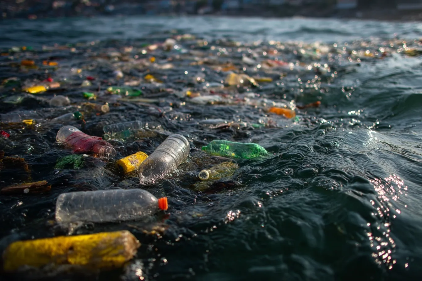 Plastic bottles and trash polluting dark green sea water under bright daylight.