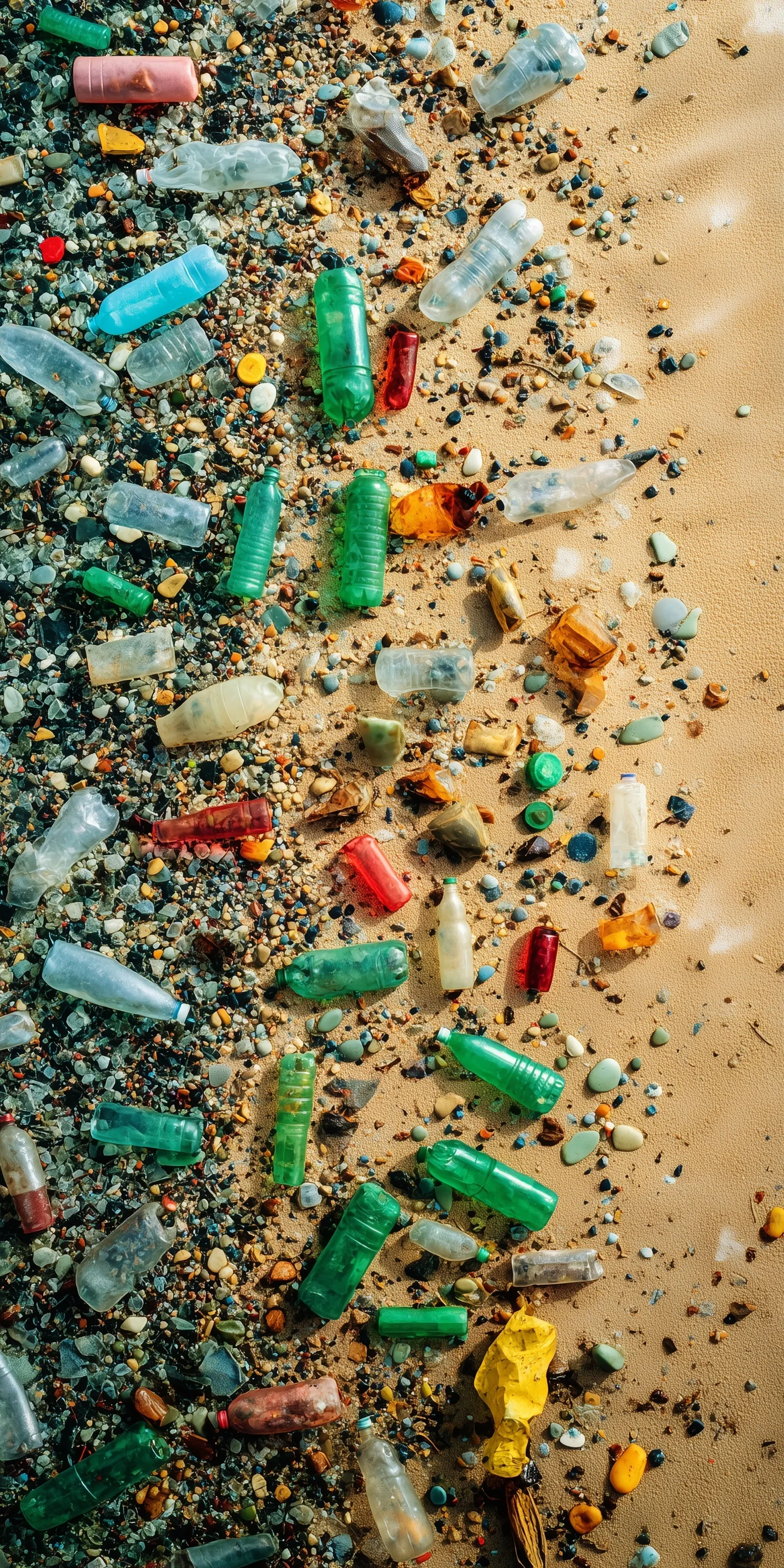 Aerial view of plastic bottles and waste scattered on a sandy beach, highlighting environmental pollution.