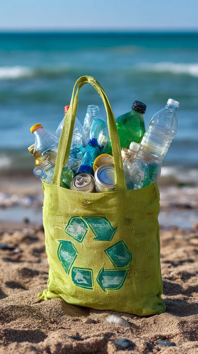 A green bag filled with plastic bottles and trash on a sunny beach with the ocean in the background.