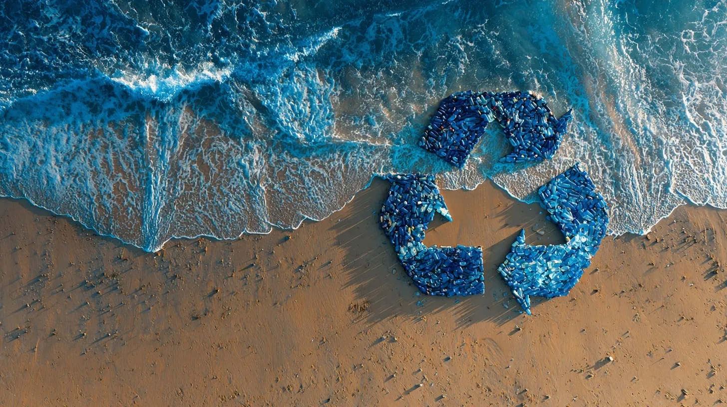 Aerial view of a recycling symbol made from plastic bottles on a sandy beach, highlighting environmental pollution.