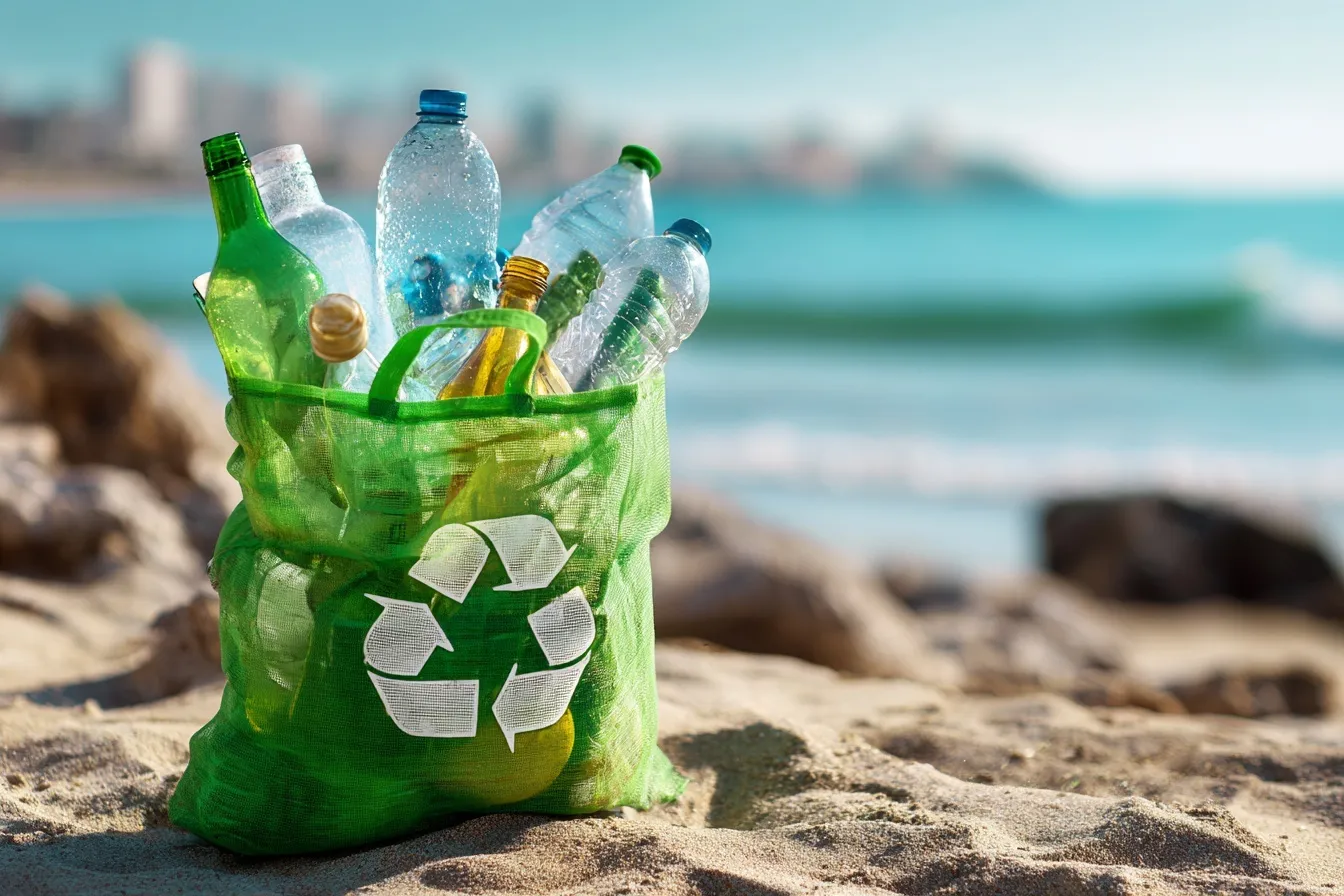 A recycling bag filled with plastic bottles and cans sits on a sandy beach under the sun, ocean in the background.