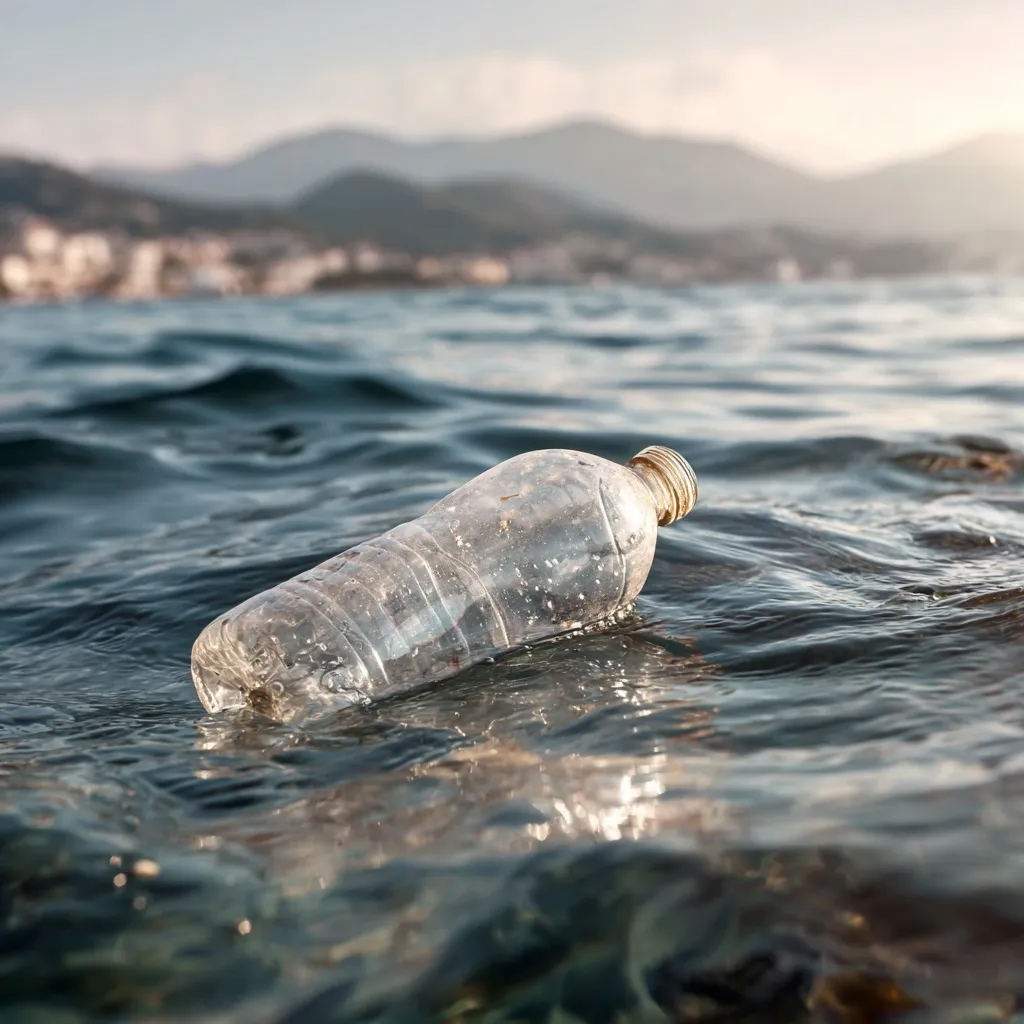 A plastic bottle floating in the ocean at the water line, showing a split view between air and water.