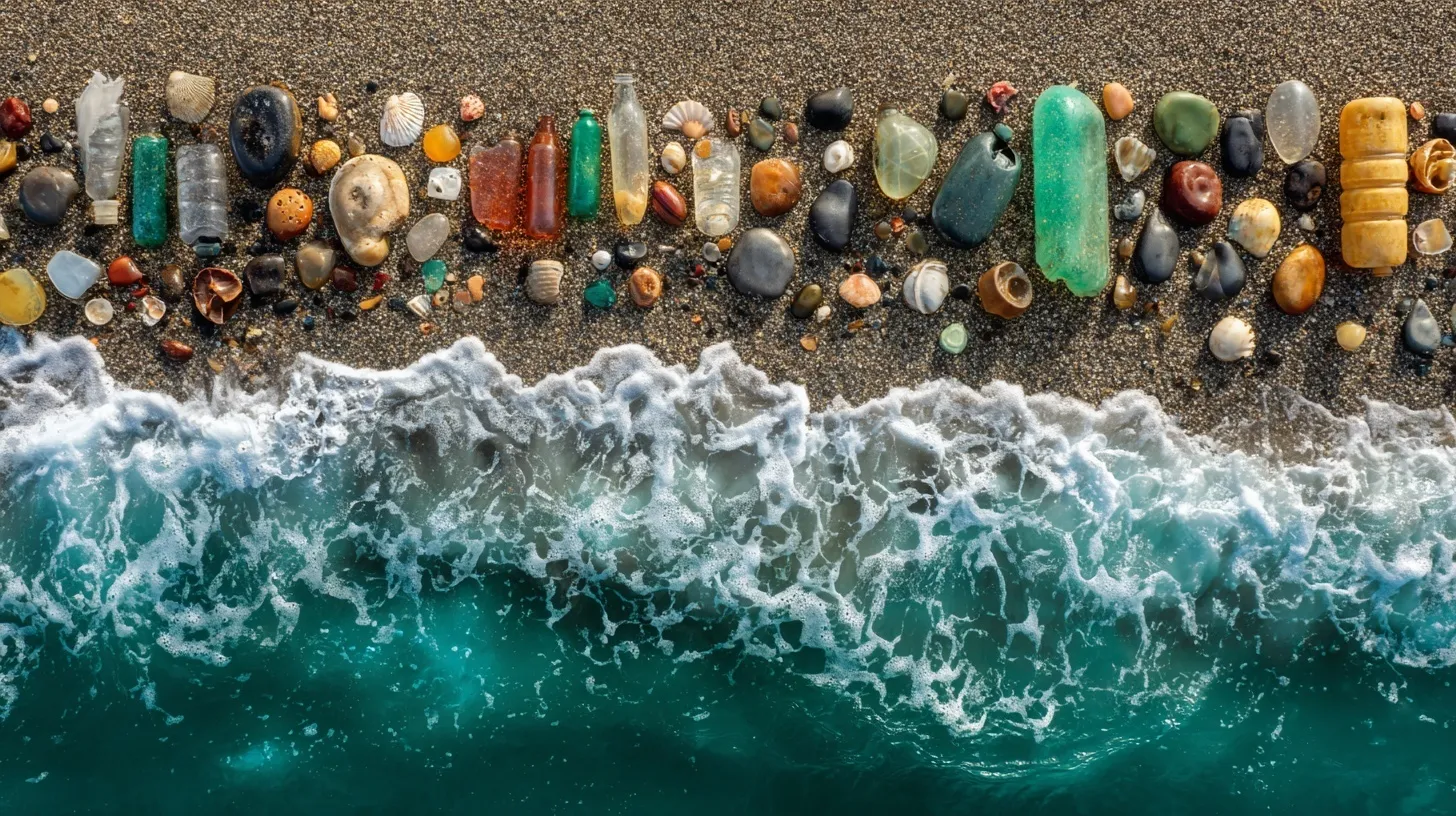 Overhead shot of ocean plastic waste bottles arranged neatly on a sandy beach with copy space.
