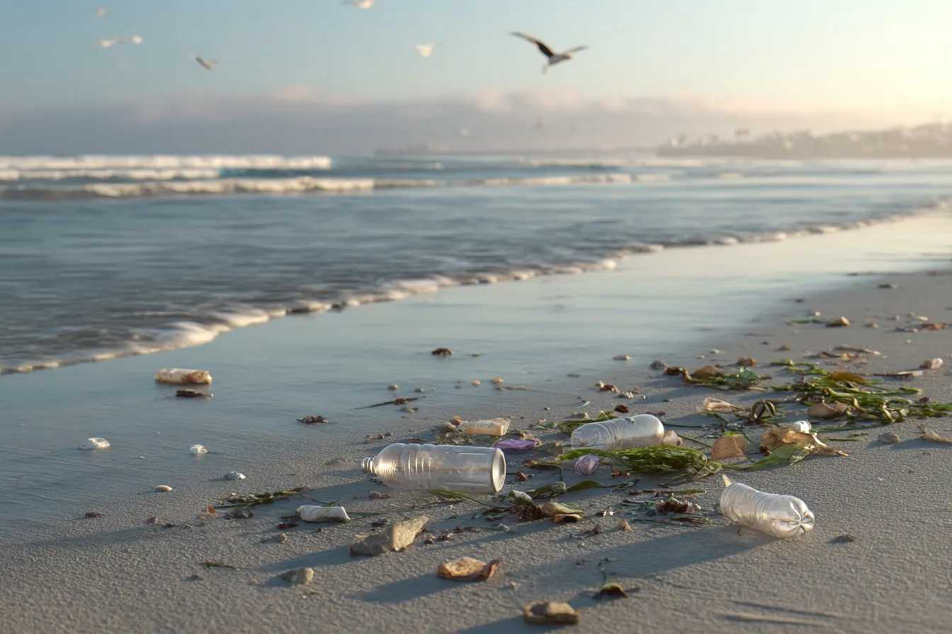 Plastic bottles and trash scattered on a sandy beach shore with calm ocean waves in the background.