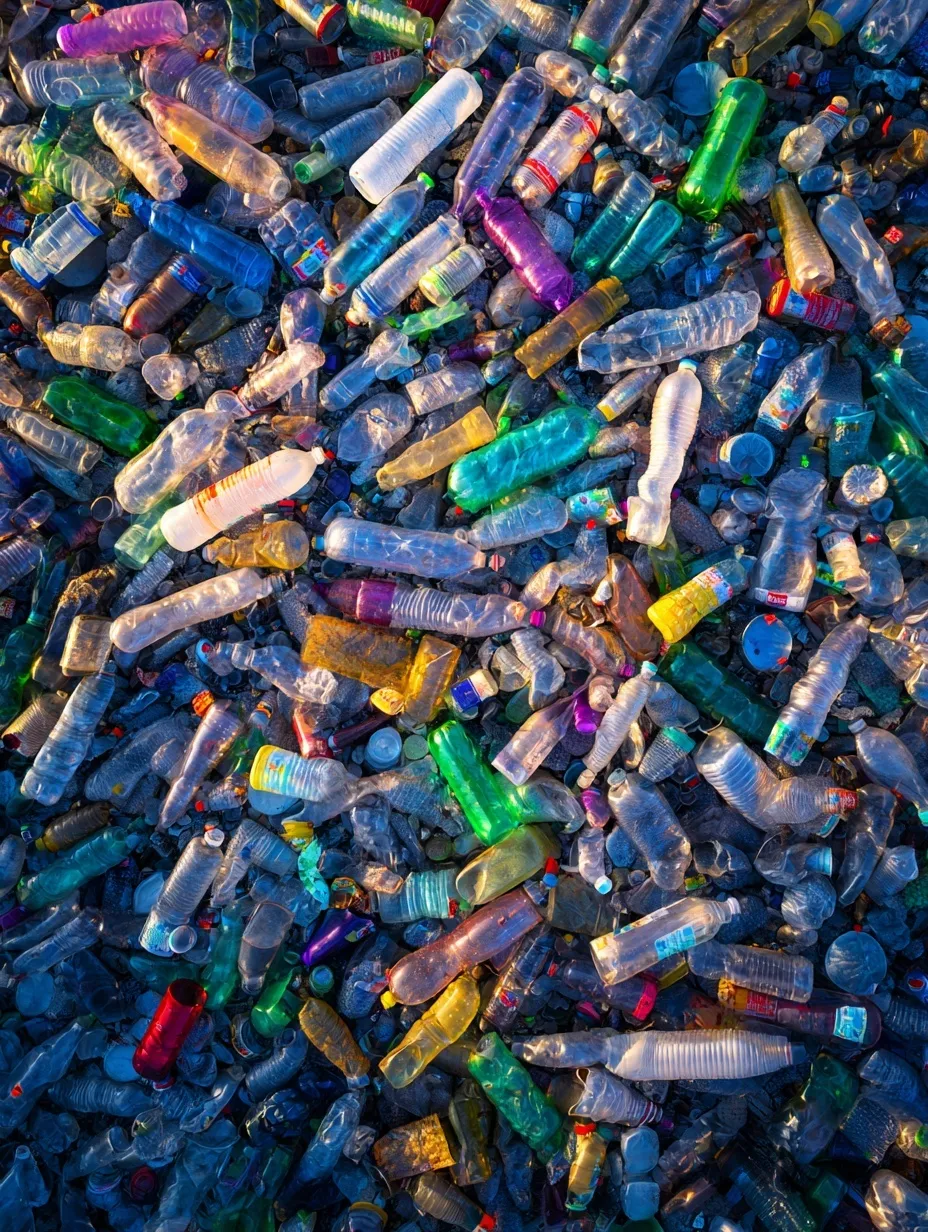 Aerial view of thousands of discarded plastic bottles polluting a sandy beach, highlighting environmental waste.
