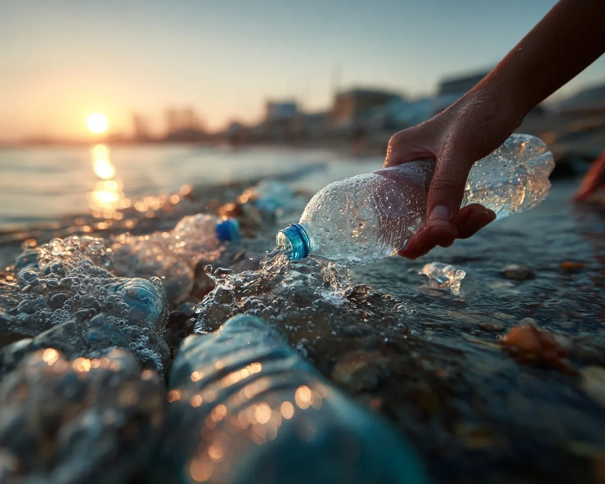 Close up of an Asian teenager’s hands picking up discarded plastic bottles from the sandy beach.