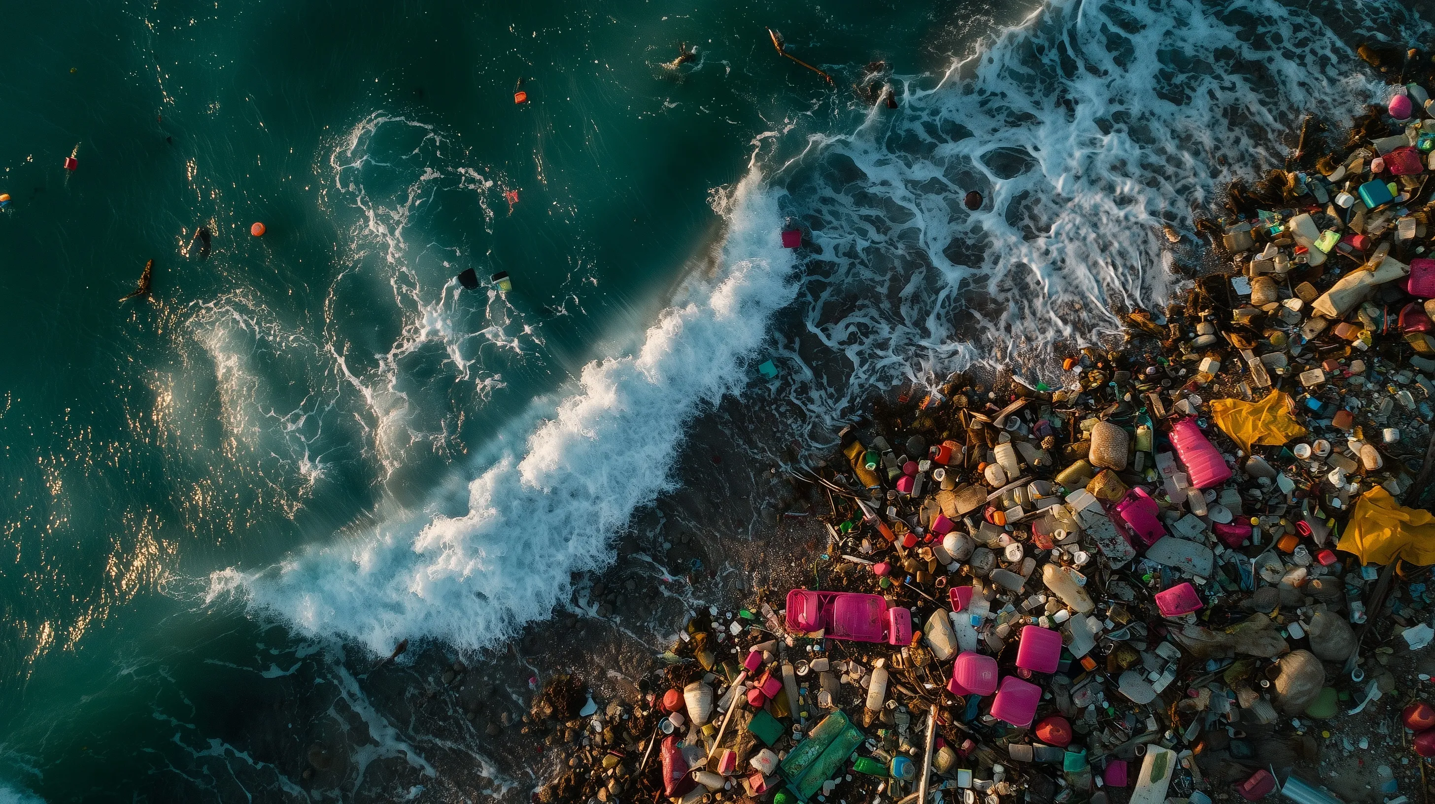Plastic garbage and discarded bottles polluting a sandy beach with the ocean visible in the background.