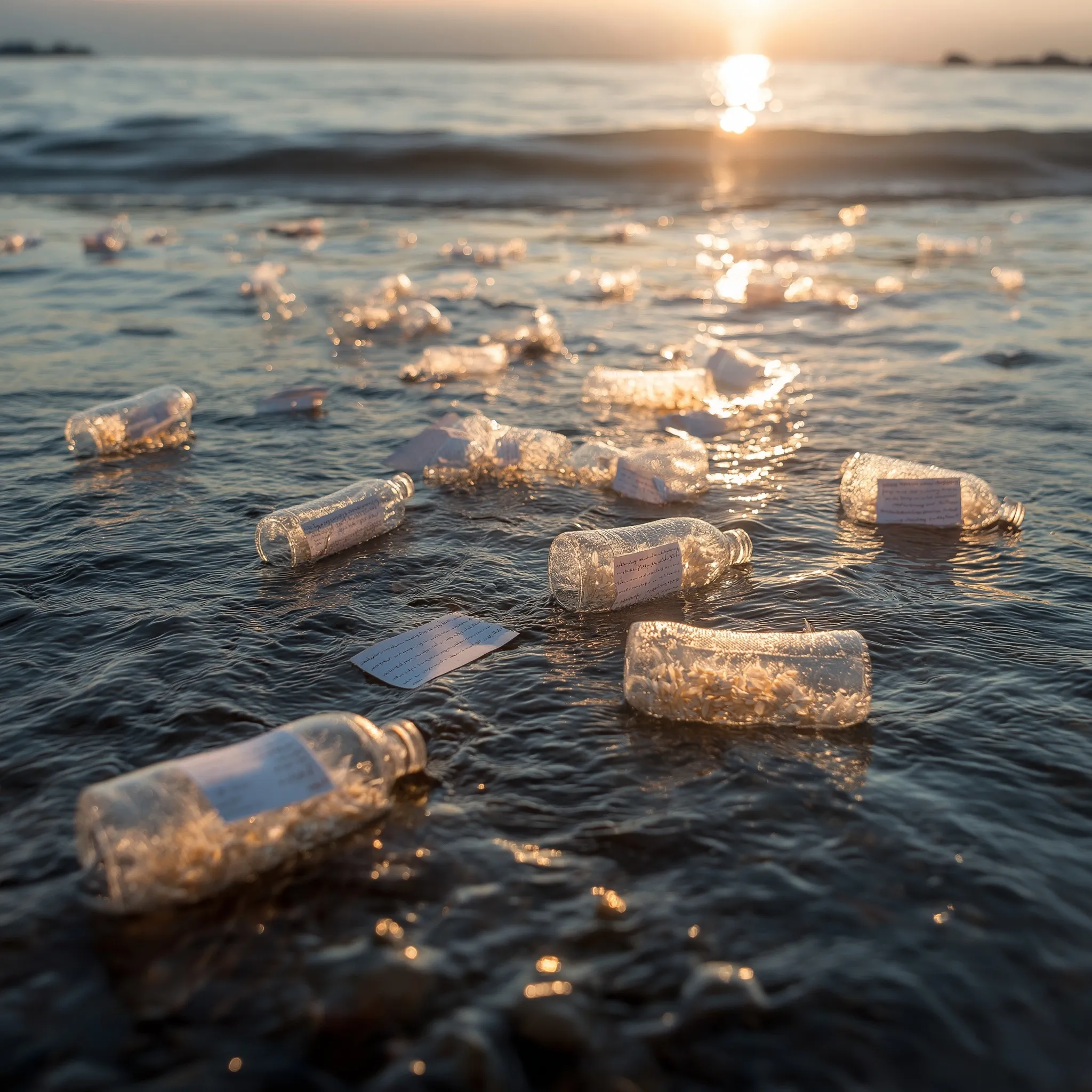 Plastic bottles filled with rice and messages floating in the ocean under bright sunlight.
