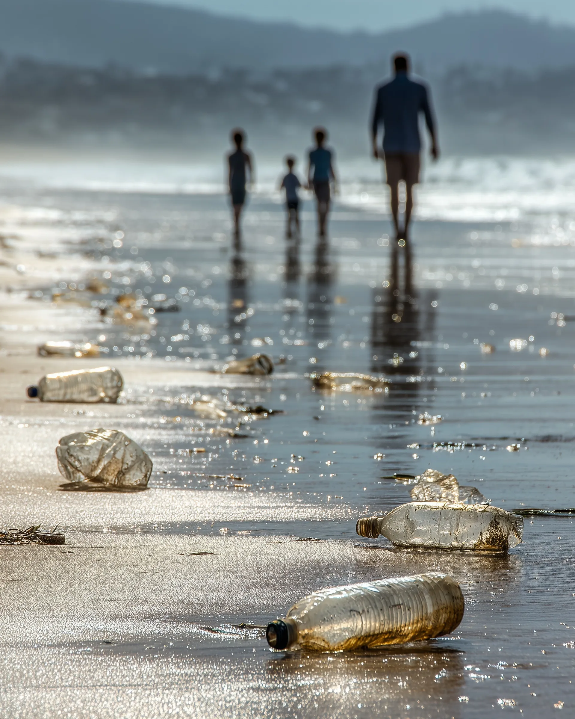 A family walking on a beach littered with plastic bottles and food waste, highlighting environmental pollution.