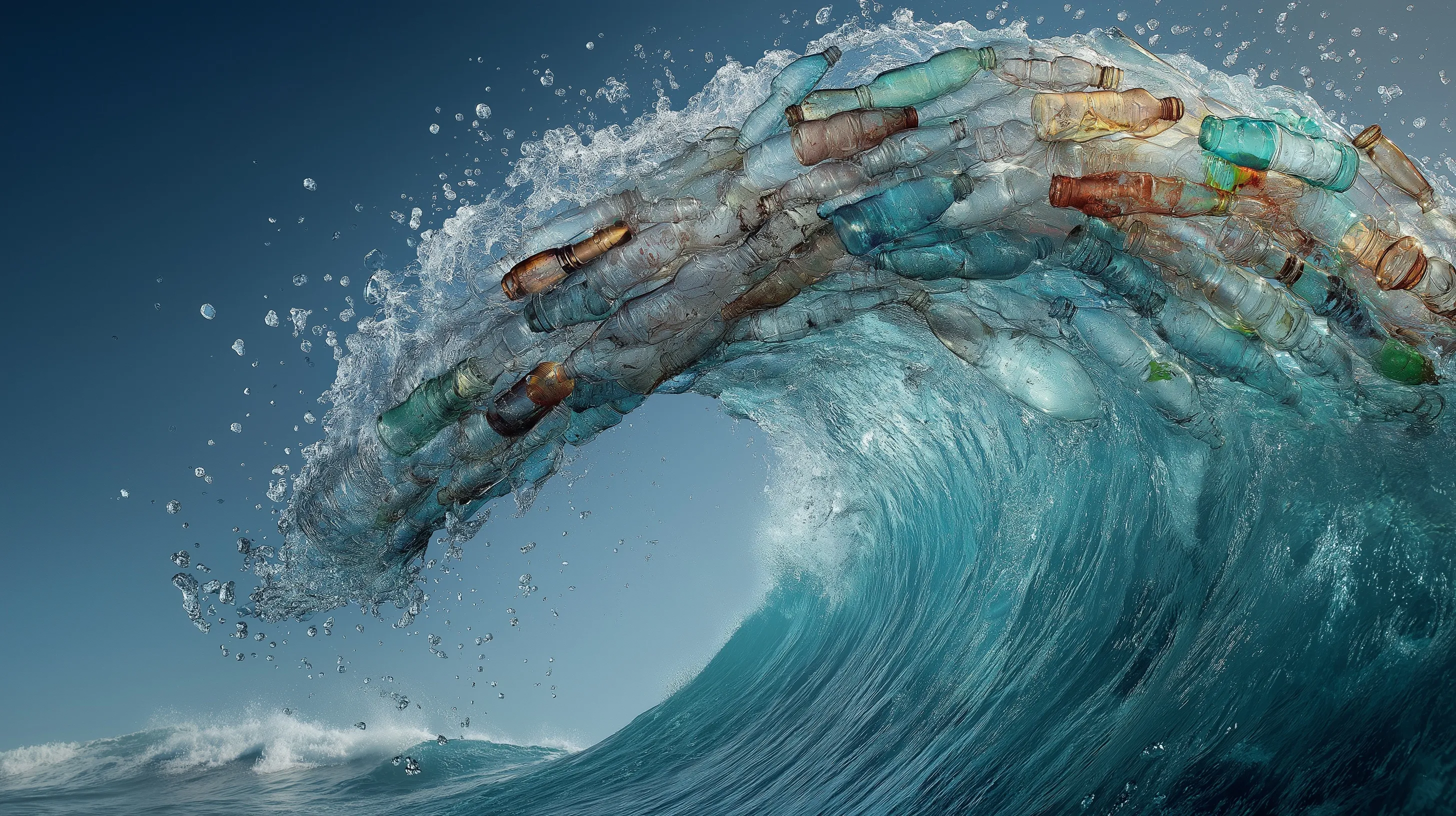 Surreal environmental illustration of a crashing ocean wave made entirely of discarded plastic bottles on a beach.