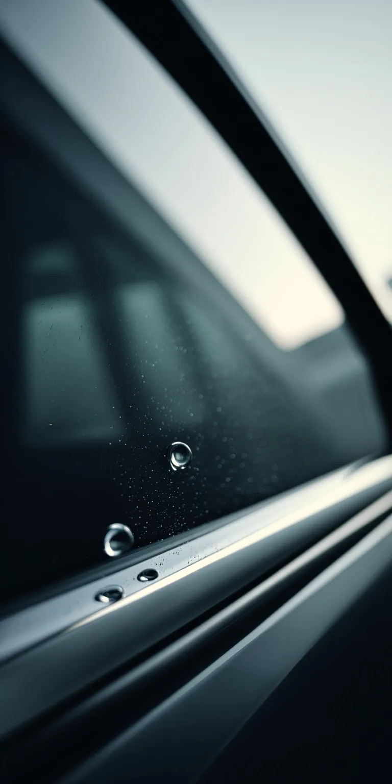 Rain beads on a dark matte sedan window reflecting a bright studio interior with LED lights.