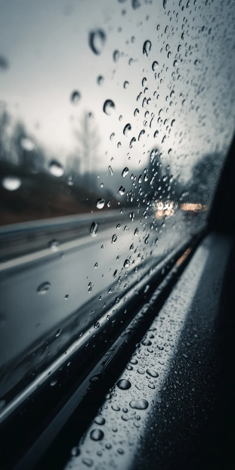 Hydrophobic water droplets on a moving car windshield with motion blurred background and clear sky reflection.