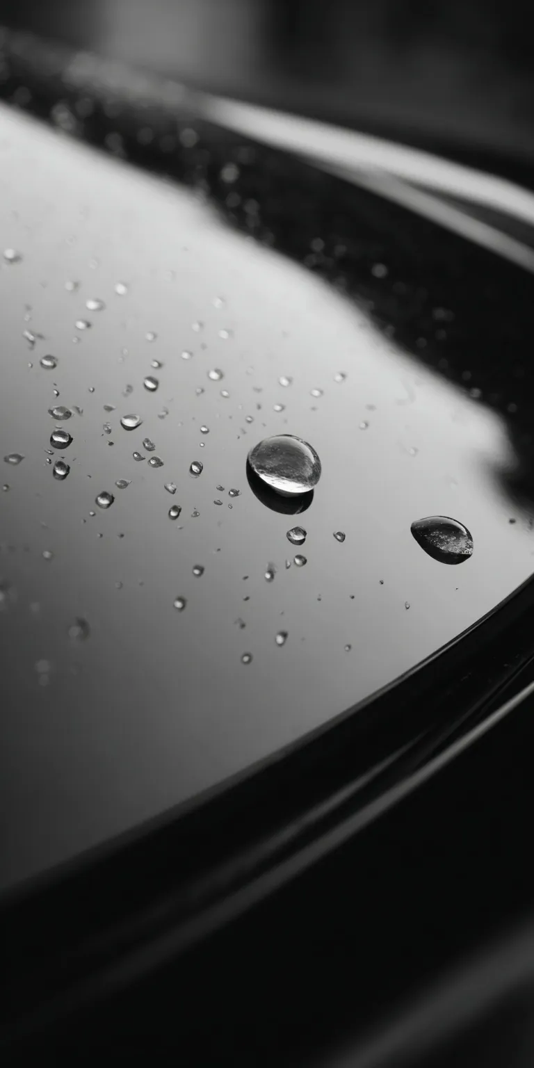 Two isolated raindrops on a clean, glossy car windshield with softbox reflections and blurred hood background.