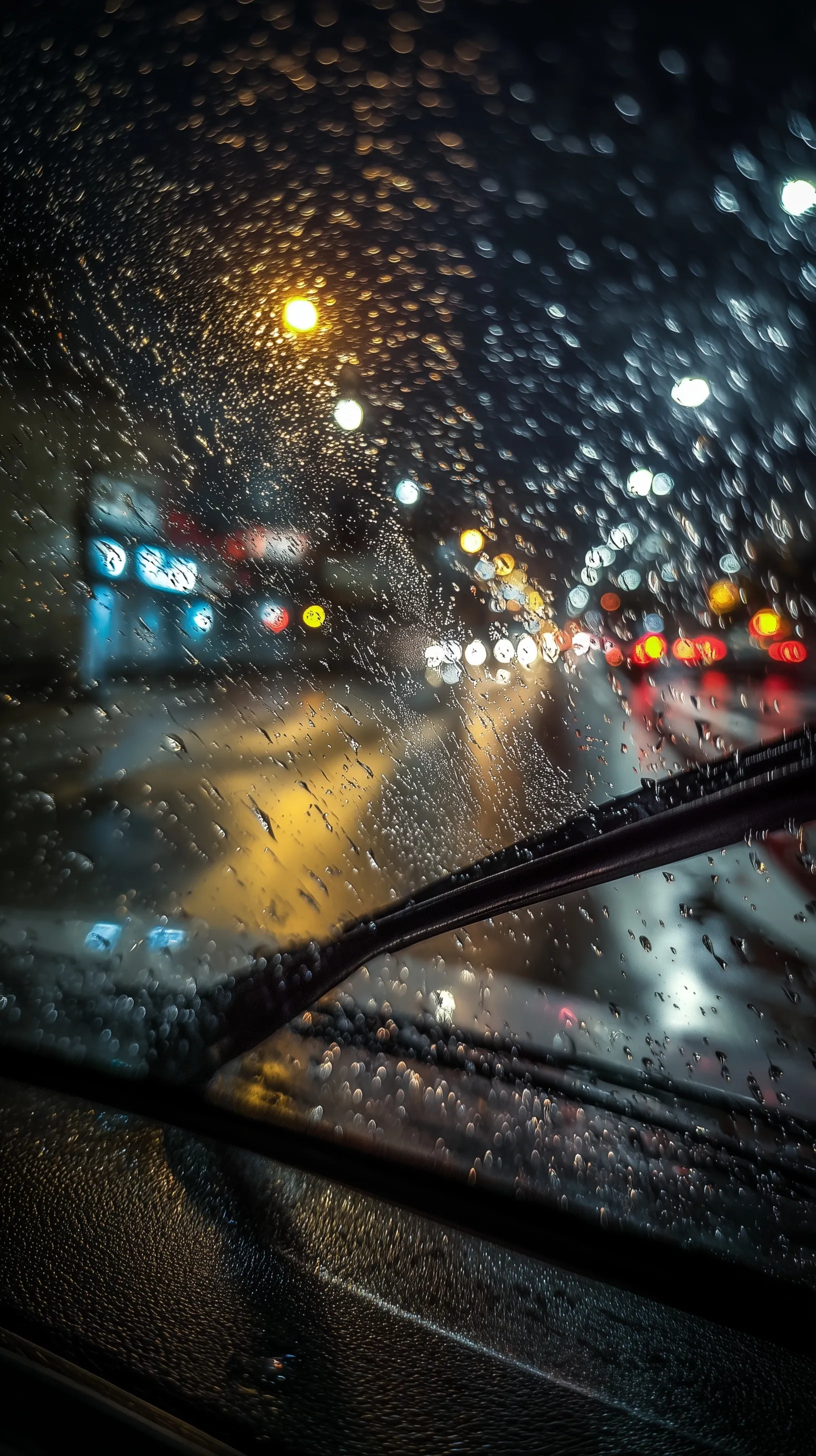 Windshield wiper clearing rain from car glass at night with blurred city lights in a cinematic photographic style.