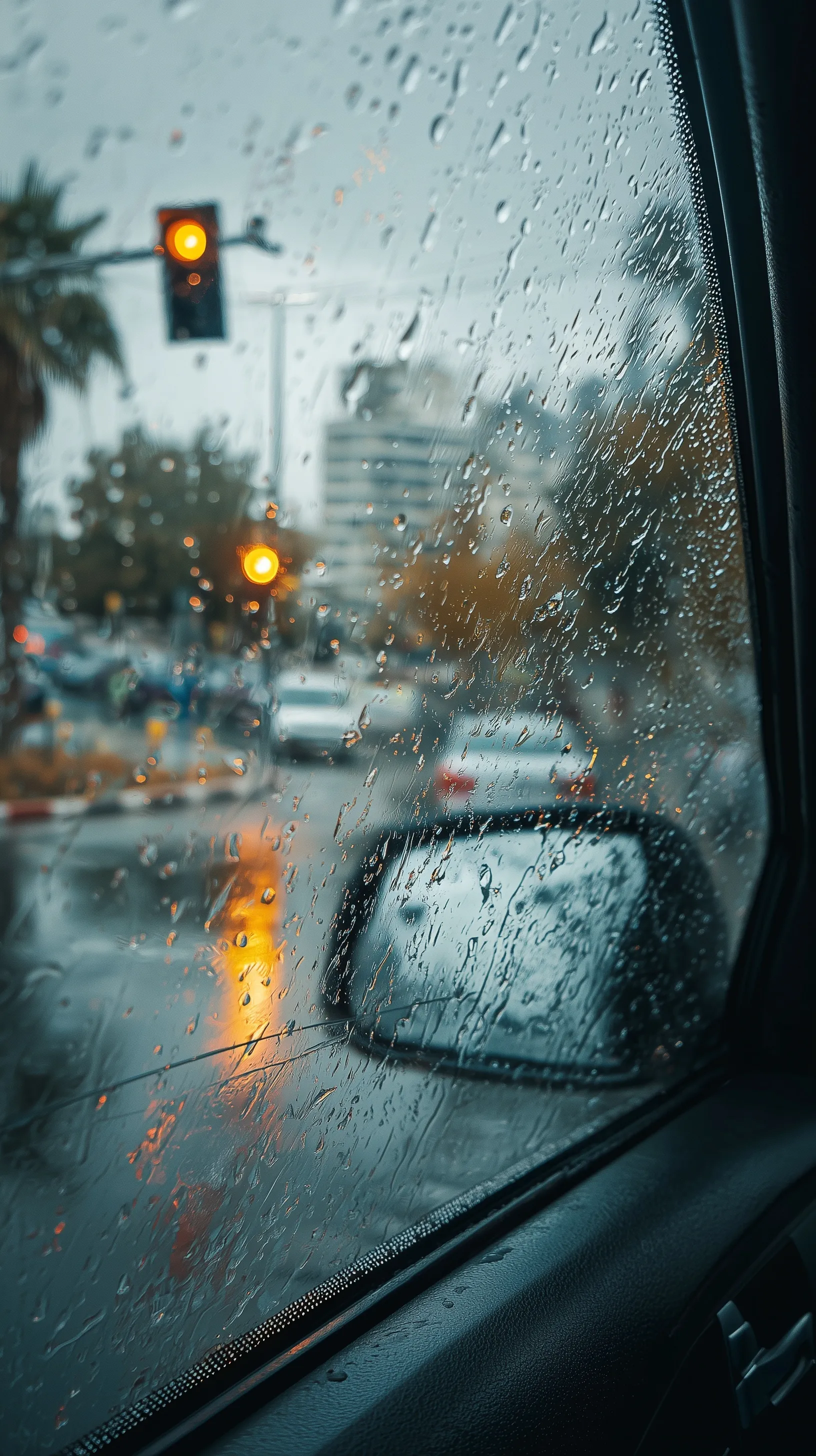 Raindrops sliding down a car window on a rainy day in Israel with blurred city traffic lights in the background.