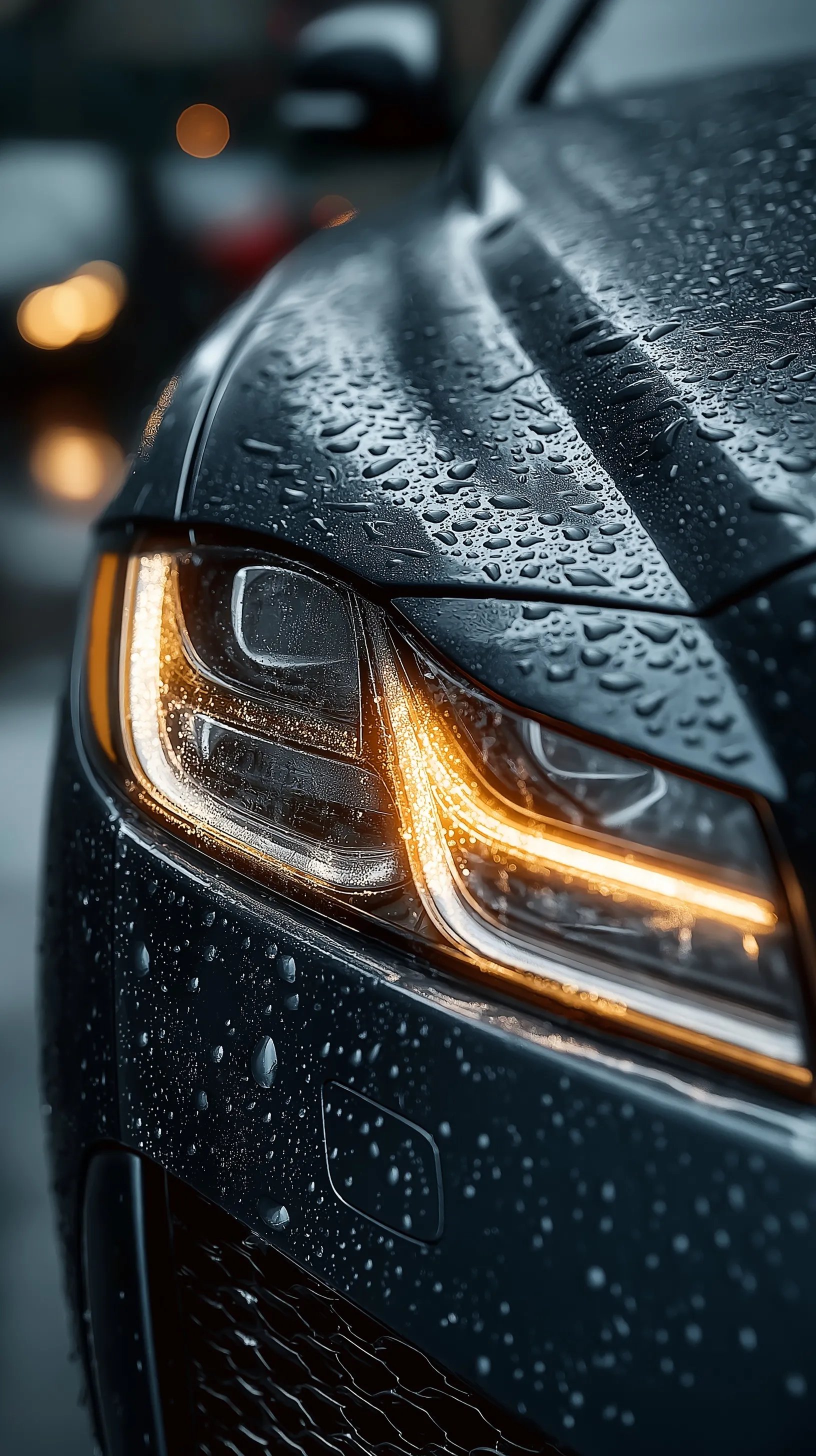 Close-up of a luxury black sports car headlight with rain droplets and gold pinstripes in a moody, cinematic setting.